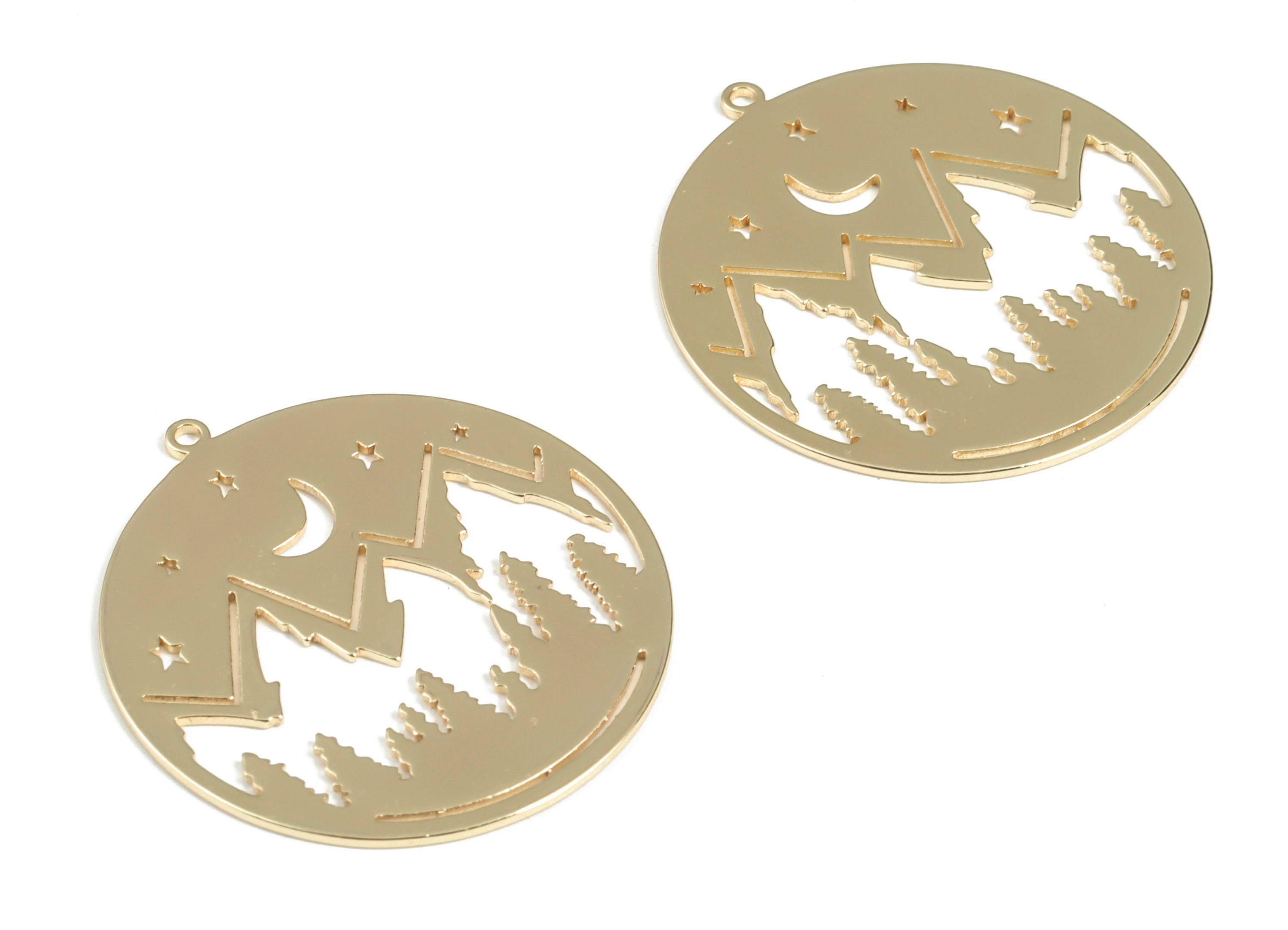 Brass Mountain Moon Stars Earring Charms - Gold Mountain Crescent Pendant - 18K Real Gold  Plated Brass - 32.23x30.03x0.81mm - RGP2960G - DOMEDBAZAAR