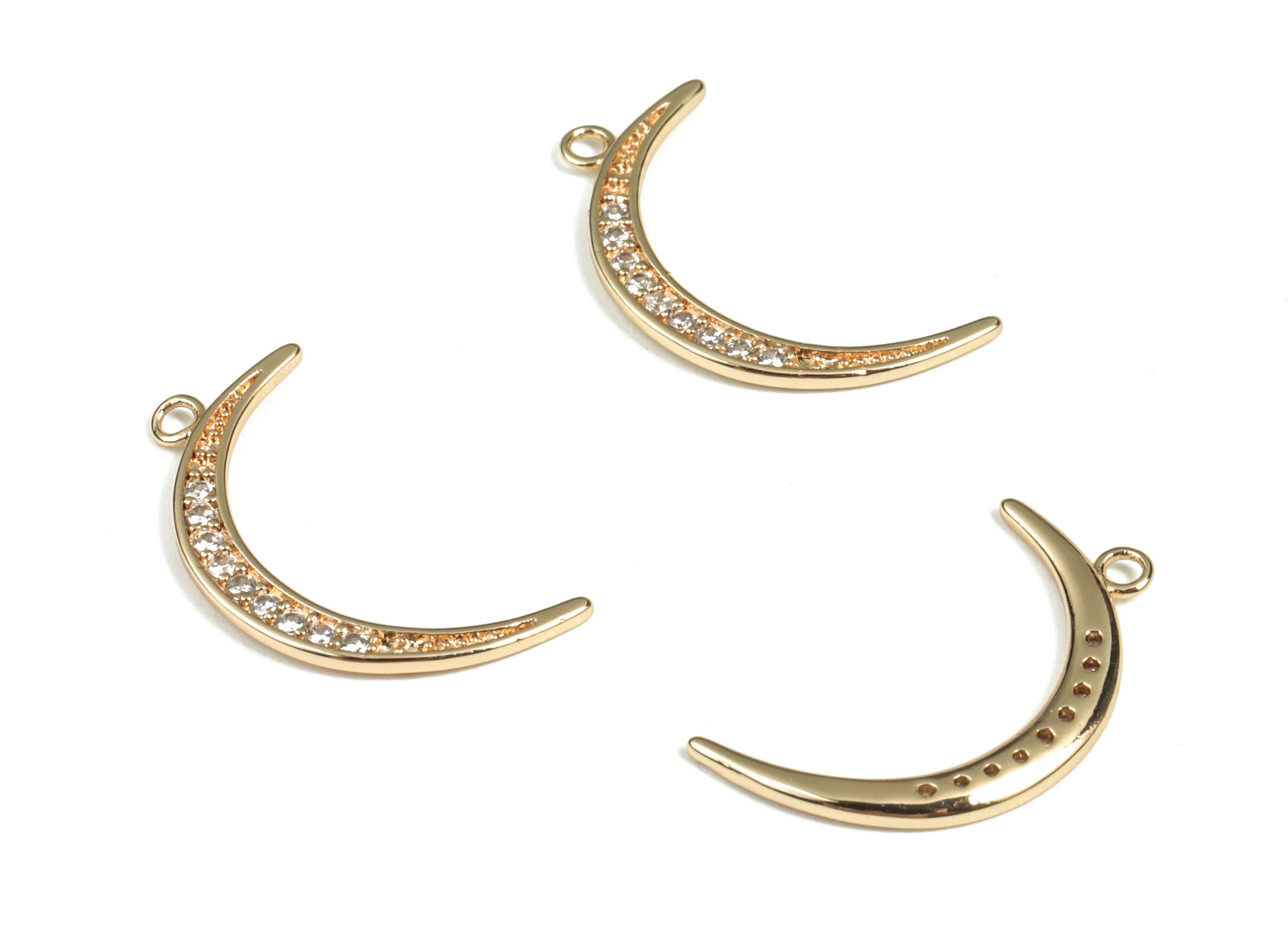 Brass Crescent Earring Charms With Zircons - 18K Real Gold Plated Brass Moon Pendant - Jewelry Making Supplies – 21.51x11.5x1.27mm - RGP2997 - DOMEDBAZAAR