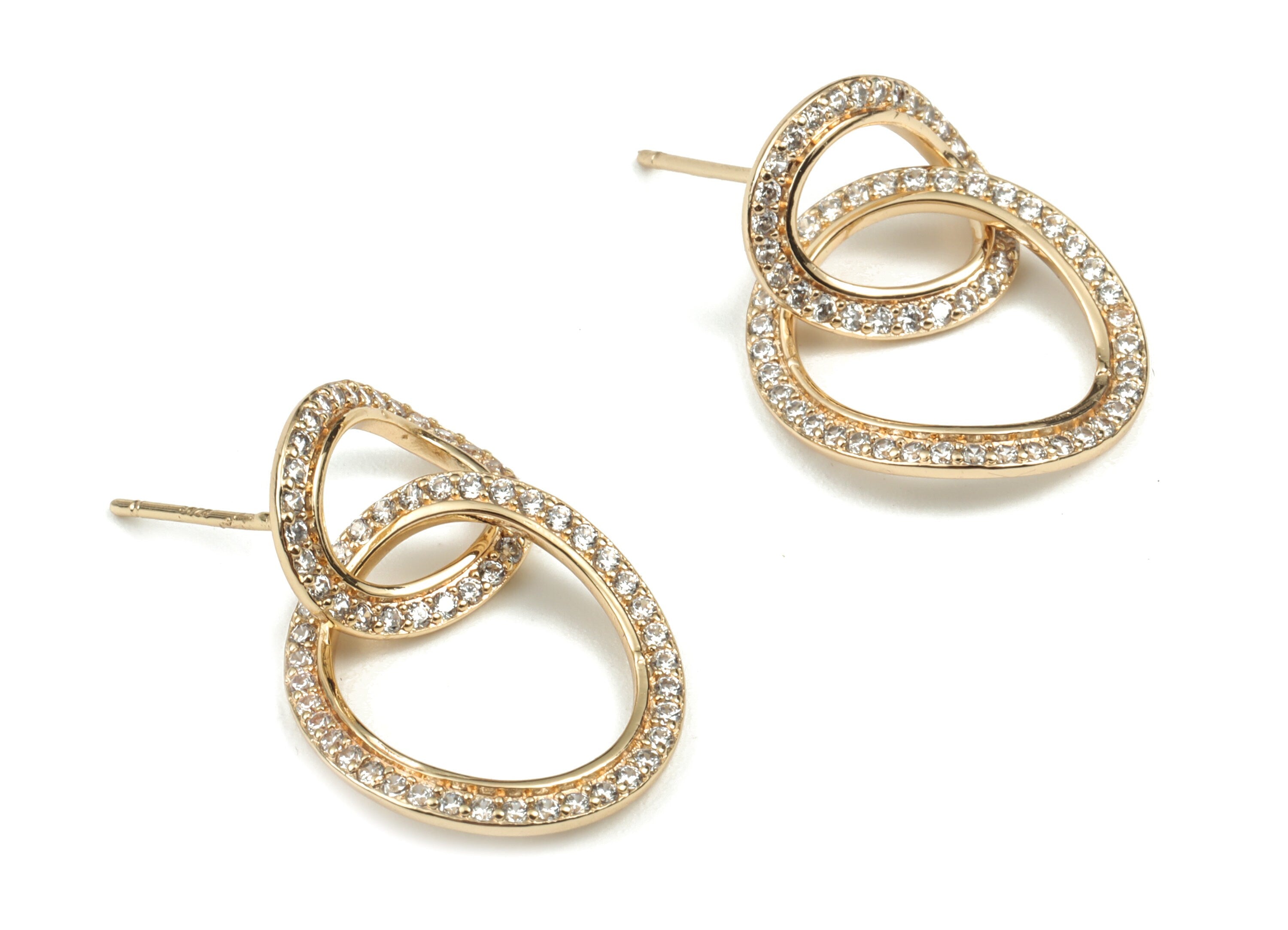 Brass Double Oval Earring Stud With Zircons - 18K Real Gold Plated - Brass Double Oval Post – 925 Silver Stud - 26.33x15.66x1.32mm - RGP3002 - DOMEDBAZAAR