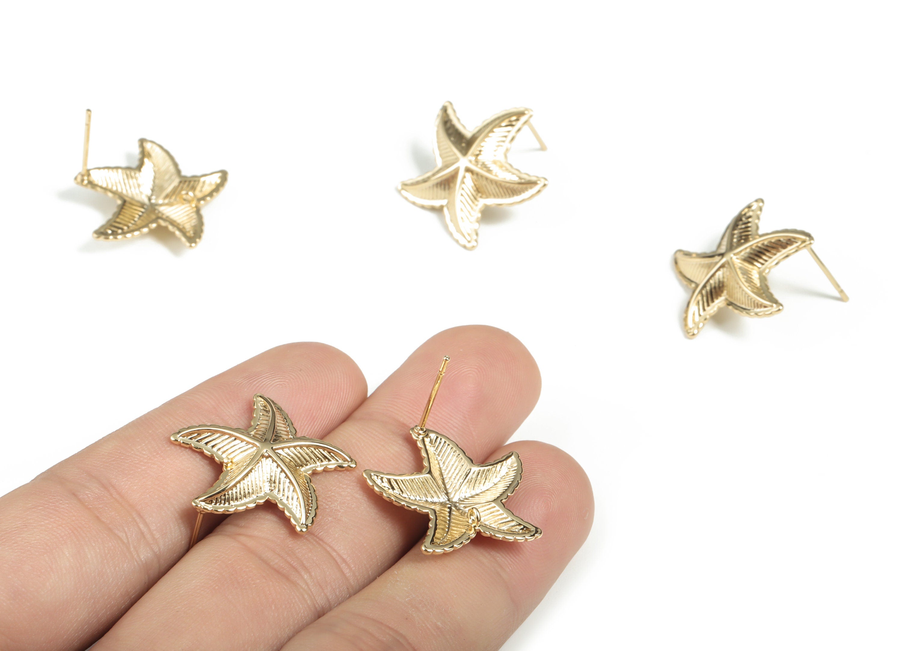 Brass Starfish Earring Post –Gold Starfish Stud - 18K Real Gold Plated Brass – 316 Surgical Stainless Steel - 21.53×20.69×3.79mm - RGP2928 - DOMEDBAZAAR