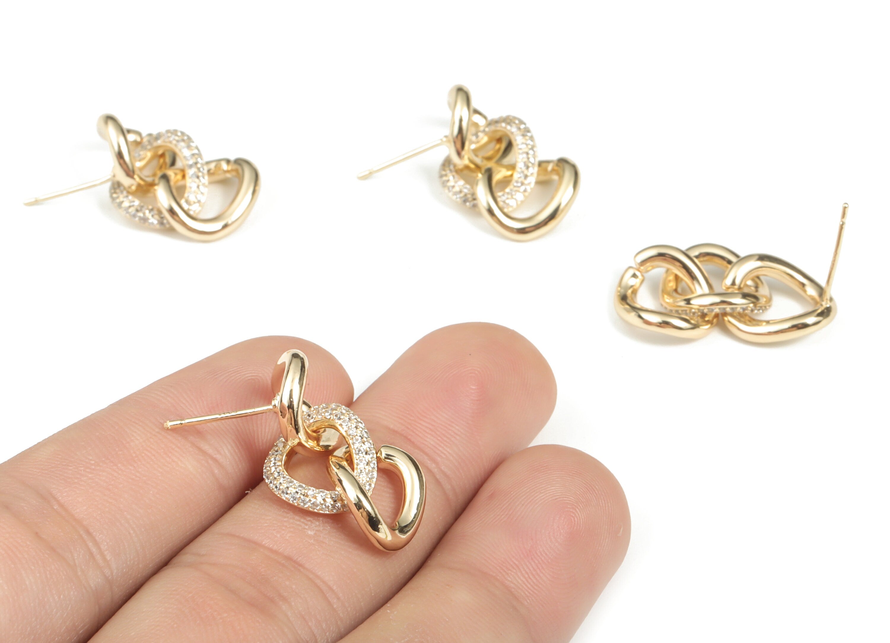 Brass Double Oval Earring Stud With Zircons - 18K Real Gold Plated - Brass Double Oval Post – 925 Silver Stud - 27.59x11.38x2.53mm - RGP3000 - DOMEDBAZAAR
