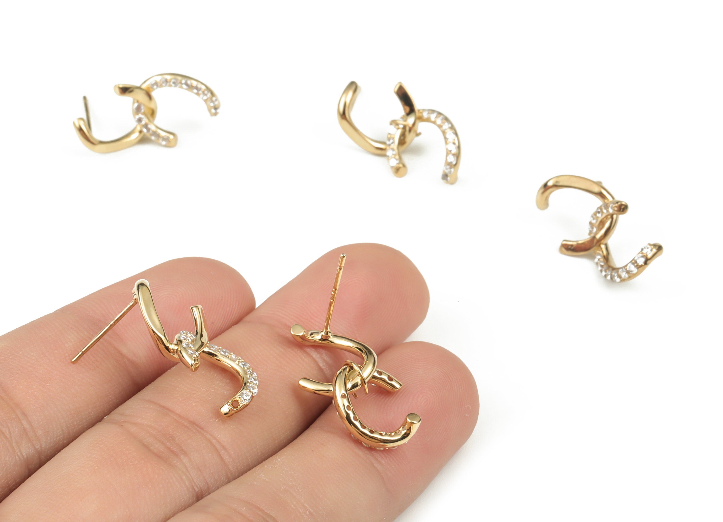 Brass Double C Earring Stud With Zircons - 18K Real Gold Plated Brass Double C Post – 925 Silver Stud - 21.43x11.83x3.81mm - RGP2999 - DOMEDBAZAAR