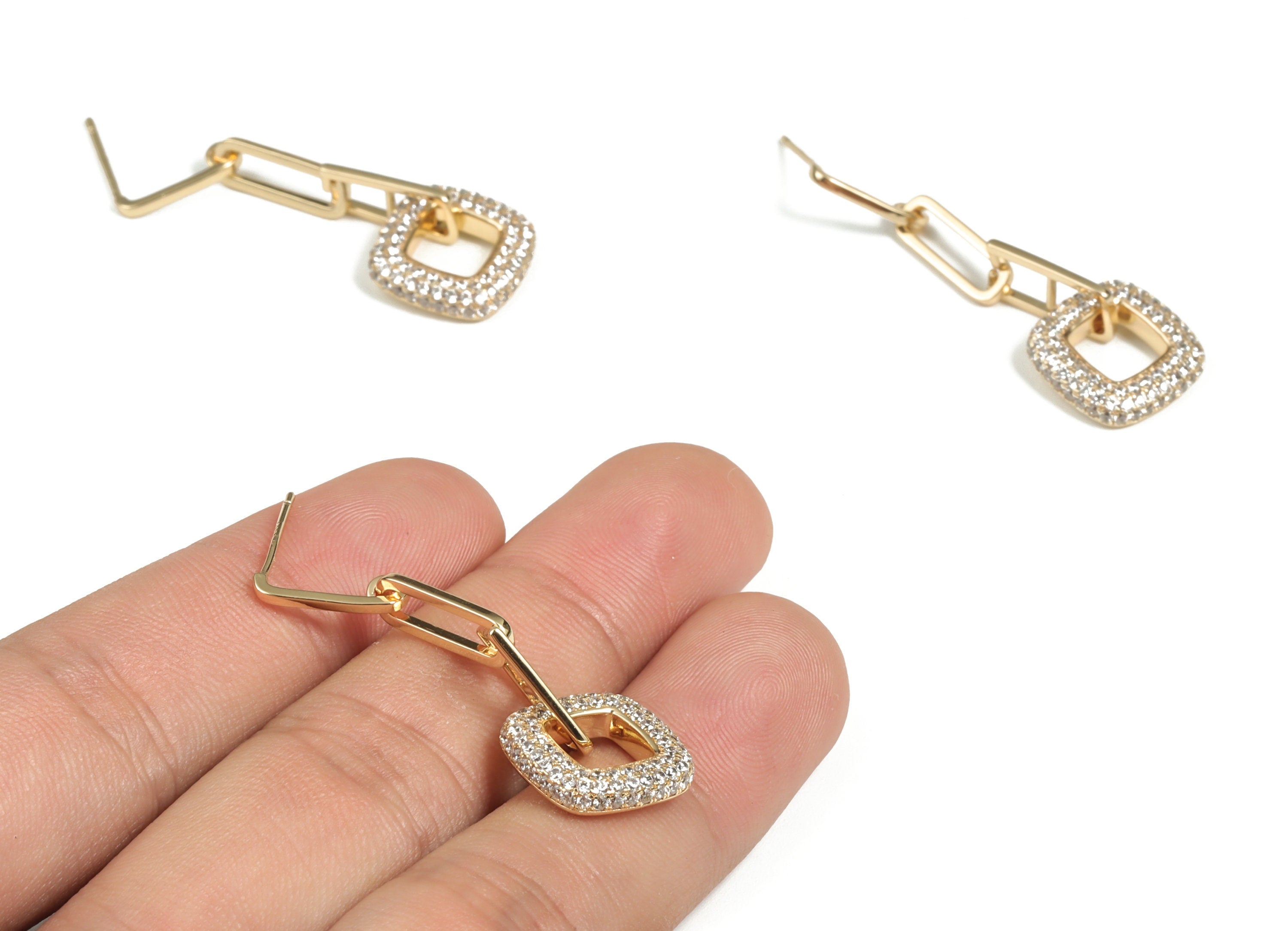 Brass Square Earring Stud With Zircons - 18K Real Gold Plated Brass Rectangle Post – 925 Silver Stud - 45.42x15.97x3.25mm - RGP2998 - DOMEDBAZAAR