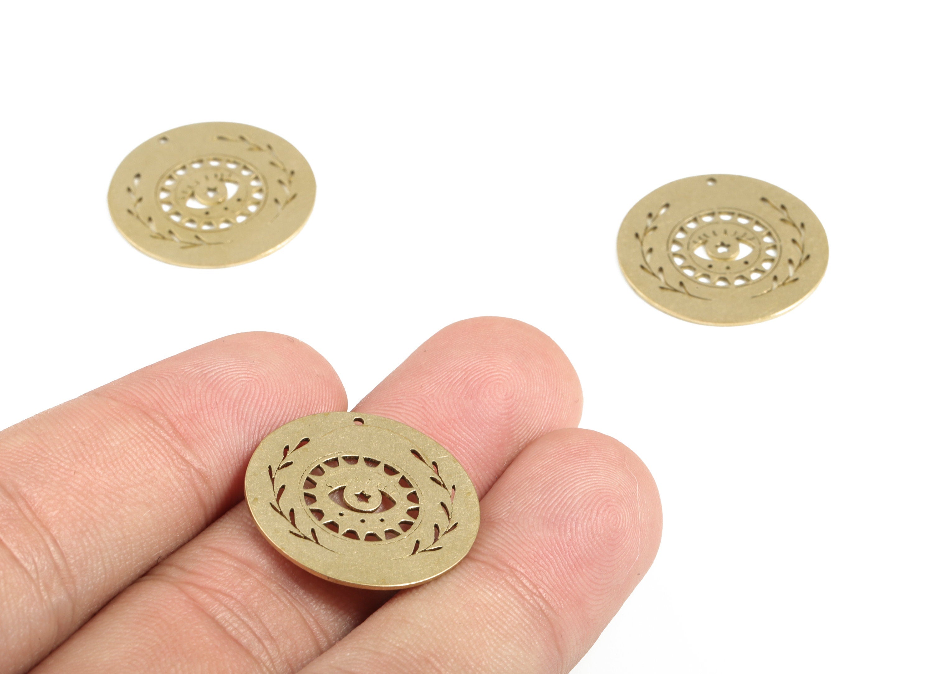 Brass Eye Branch Round Earring Charms - Raw Brass Eyelash Circle Pendant - Earrings Finding - Jewelry Supplies - 22.15x22.15x0.57mm - PP4037 - DOMEDBAZAAR