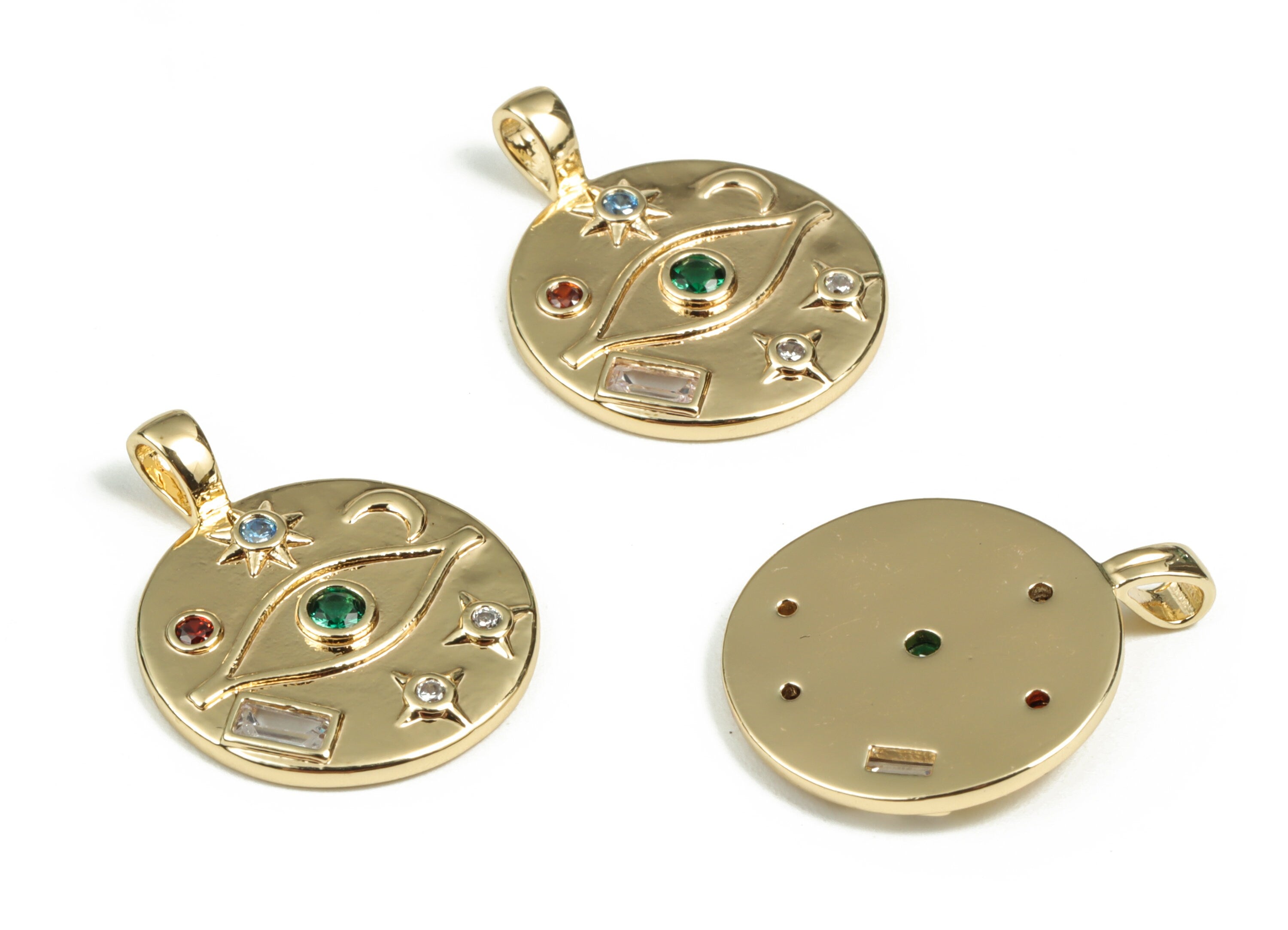 Brass Round Eye Earring Charms With Zircon – Gold Circle Moon Pendant - 18K Real Gold Plated Brass – 21.89x17.28x2.16mm - RGP3015 - DOMEDBAZAAR