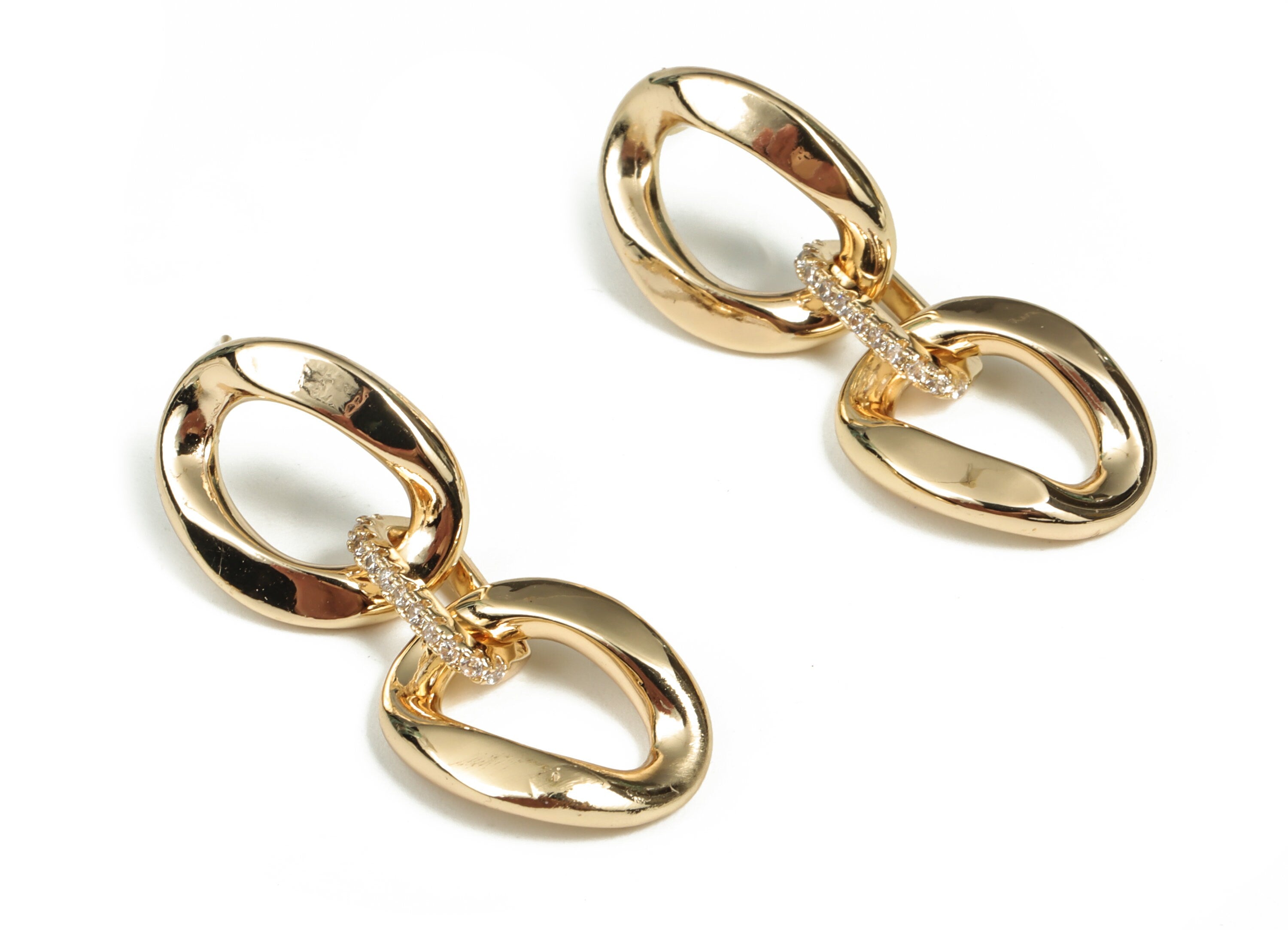 Brass Double Oval Earring Stud With Zircons - 18K Real Gold Plated Brass Double Oval Post – 925 Silver Stud - 36.08x13.77x3.37mm - RGP2946 - DOMEDBAZAAR