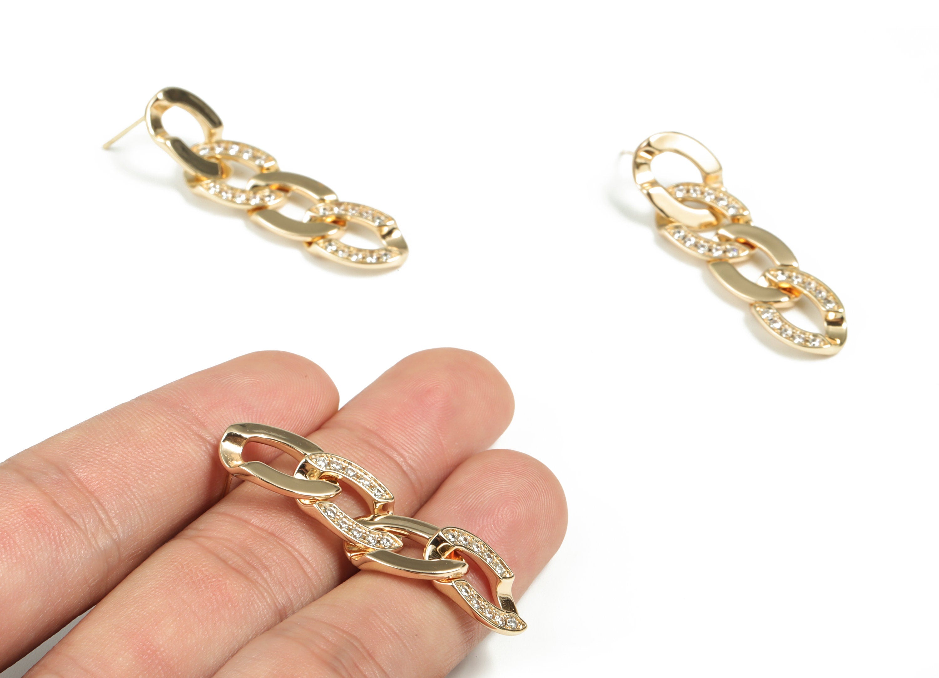 Brass Double Oval Earring Stud With Zircons - 18K Real Gold Plated Brass Double Oval Post – 925 Silver Stud - 44.26x11.3x2.23mm - RGP2945 - DOMEDBAZAAR