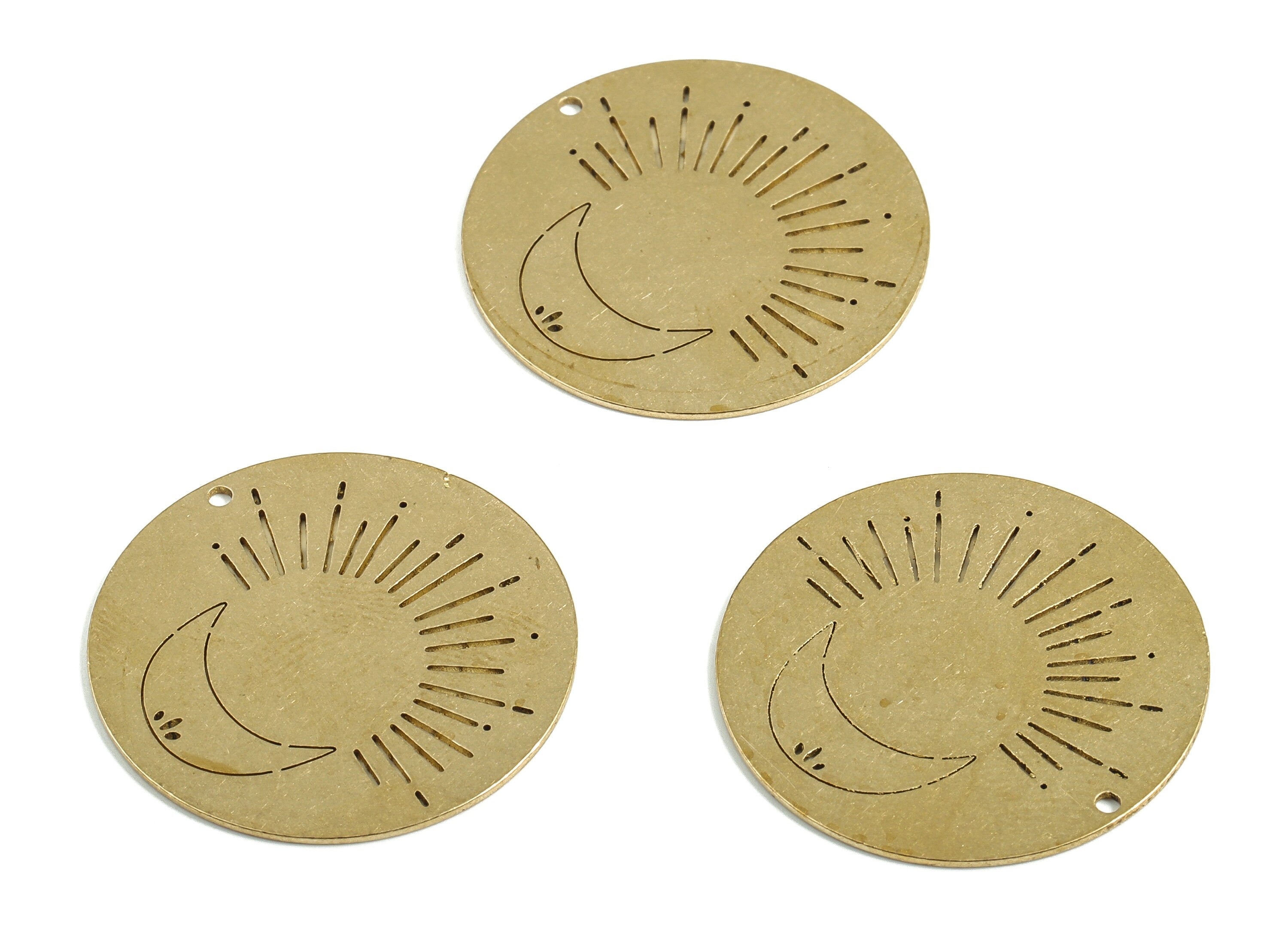 Brass Round Sun Crescent Earring Charms - Raw Brass Circle Sun Moon Pendant - Jewelry Making Supplies - 25.7x25.7x0.62mm - PP4032 - DOMEDBAZAAR
