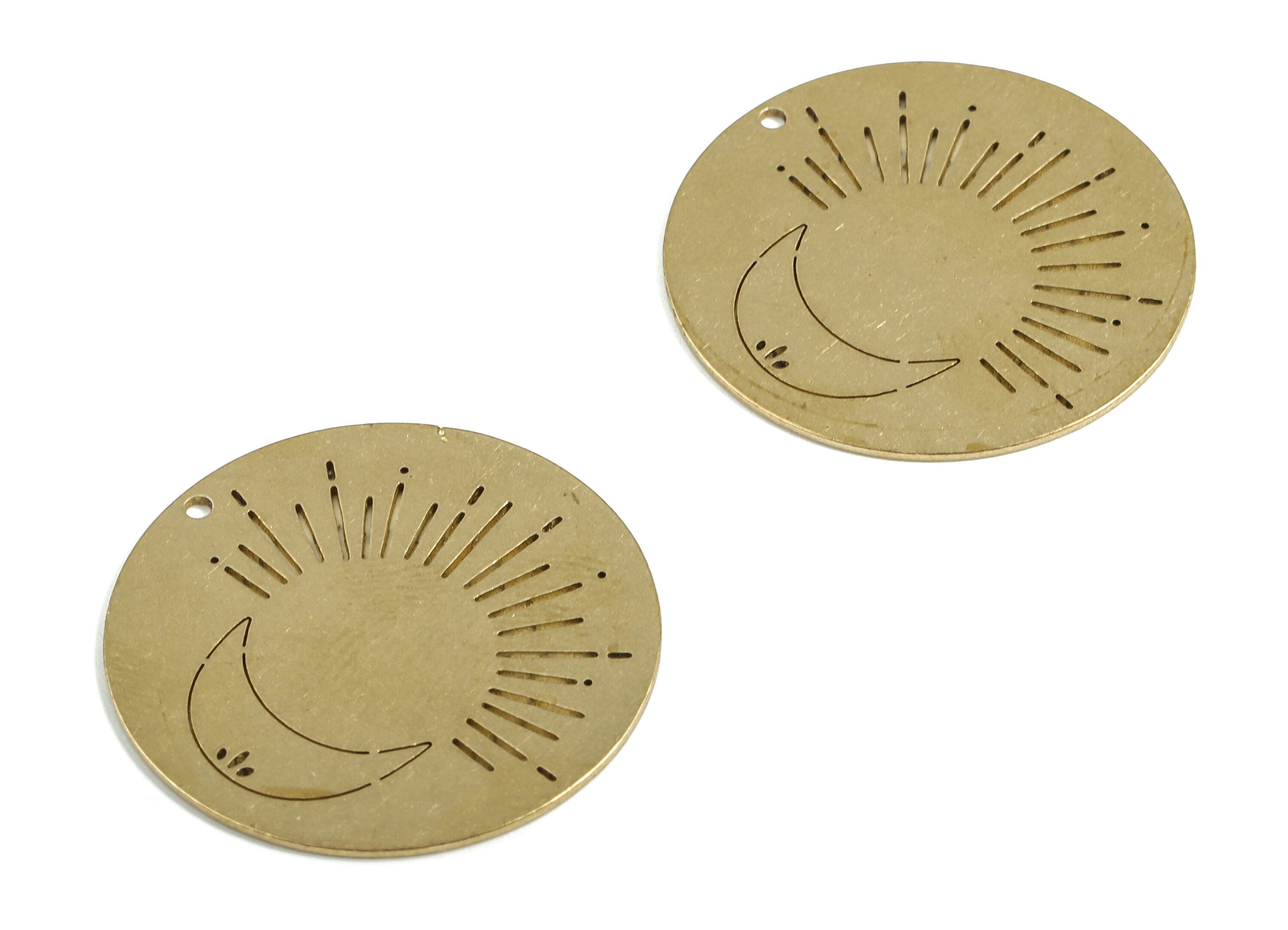 Brass Round Sun Crescent Earring Charms - Raw Brass Circle Sun Moon Pendant - Jewelry Making Supplies - 25.7x25.7x0.62mm - PP4032 - DOMEDBAZAAR