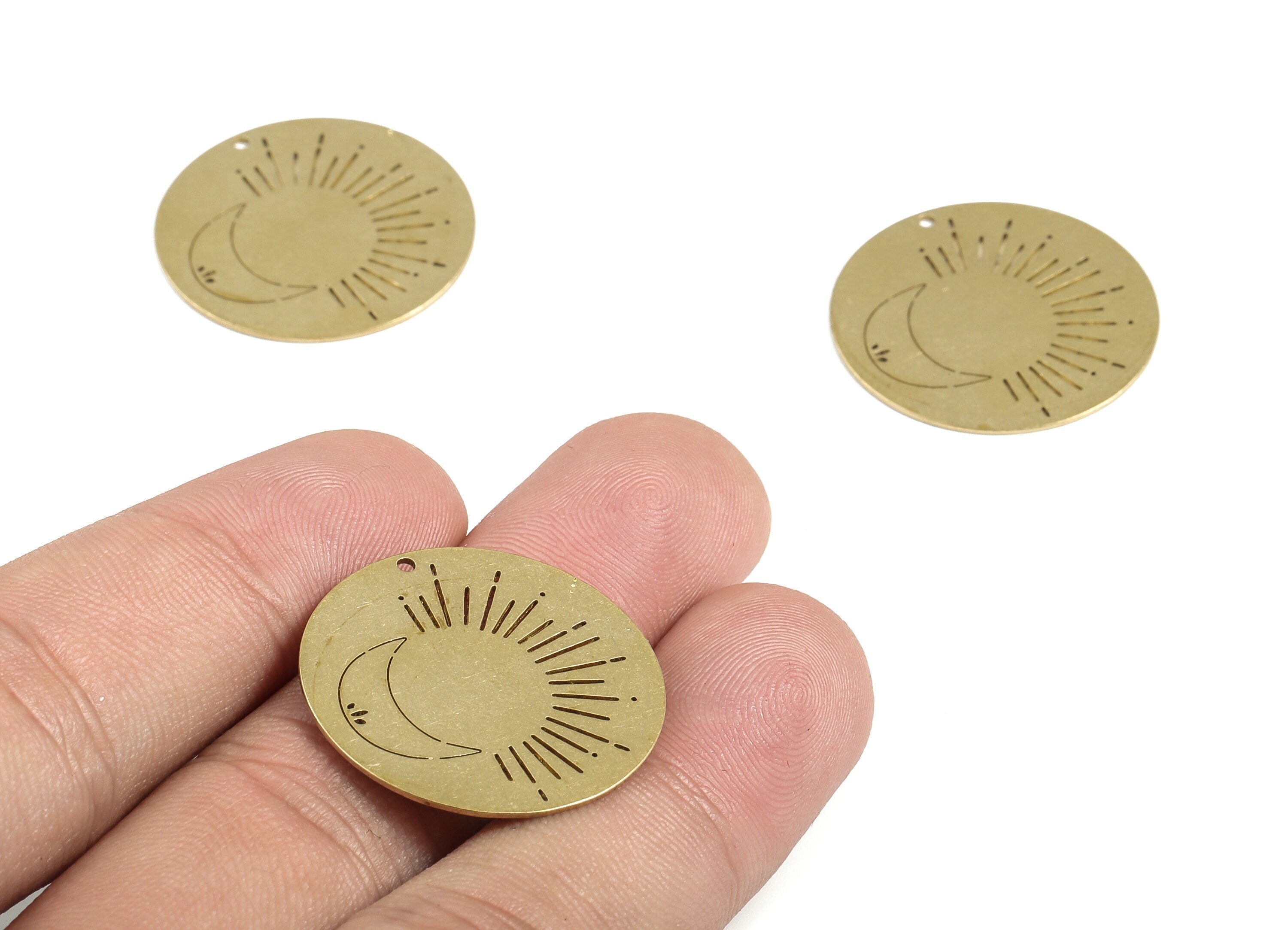 Brass Round Sun Crescent Earring Charms - Raw Brass Circle Sun Moon Pendant - Jewelry Making Supplies - 25.7x25.7x0.62mm - PP4032 - DOMEDBAZAAR