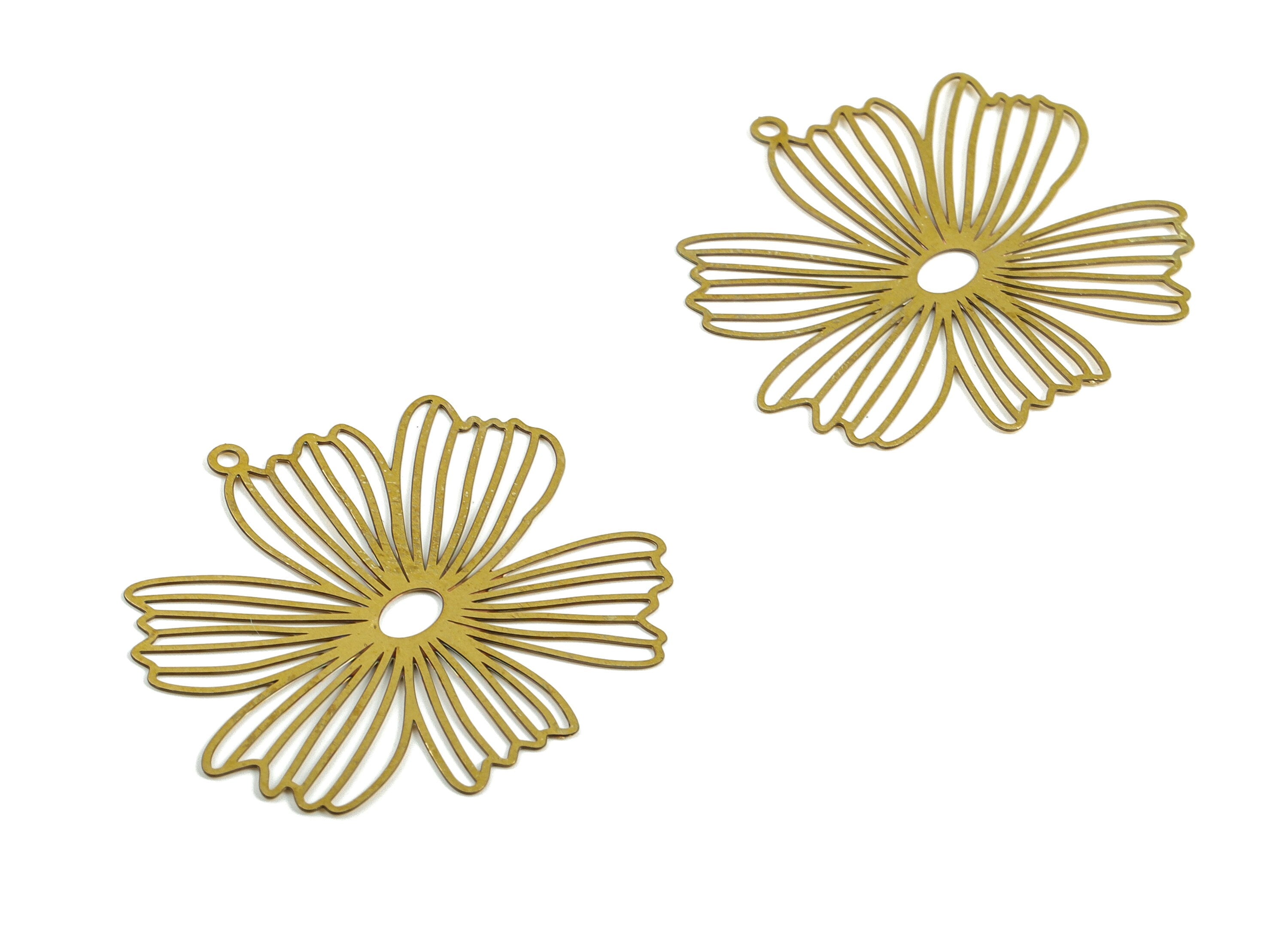 Brass Flower Earring Charms - Raw Brass Flower Pendant - Earring Findings - Jewelry Making Supplies - 34.44x31.56x0.28mm - JJB6695 - DOMEDBAZAAR