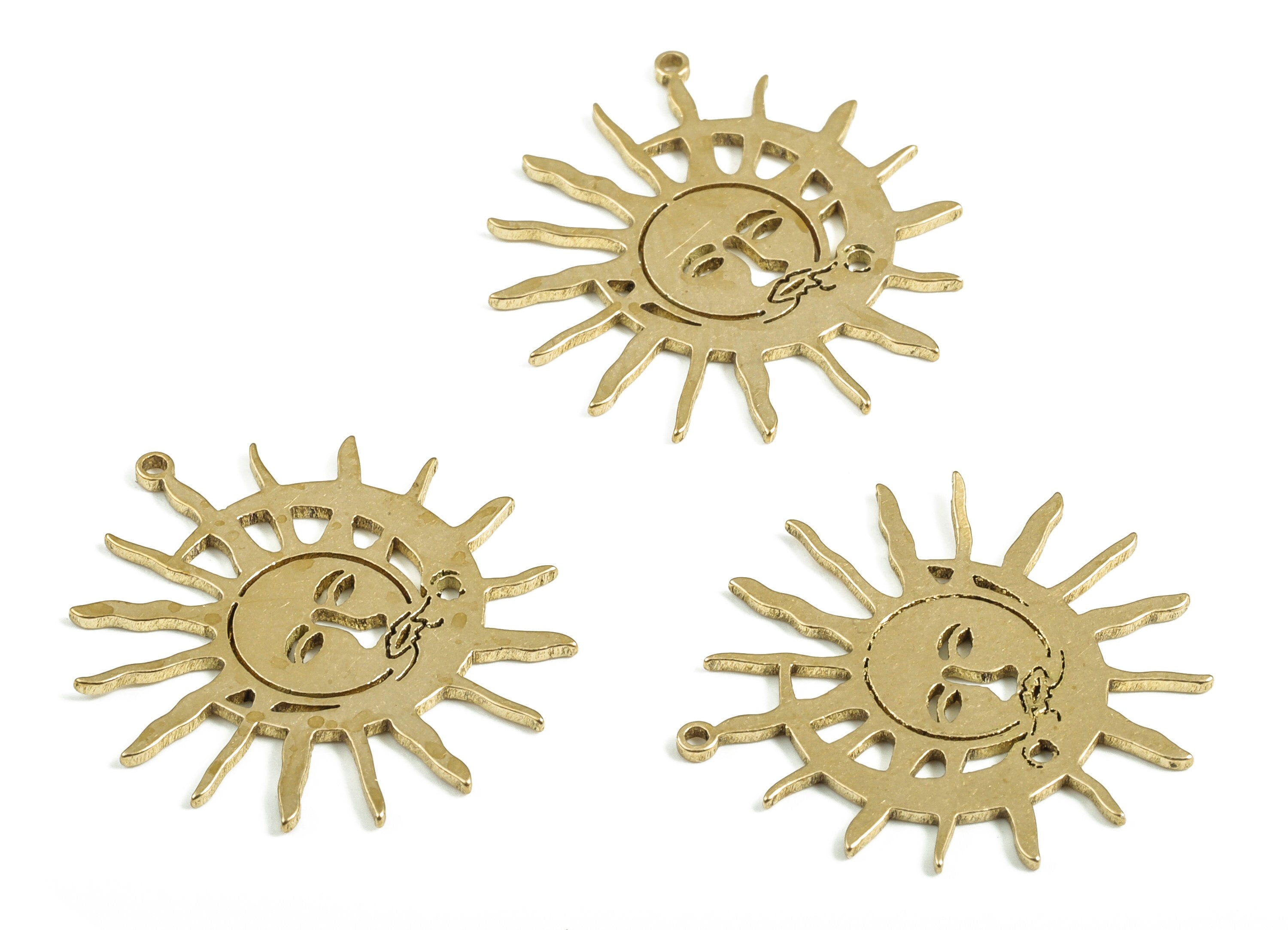Sun Crescent Pendant - Raw Brass Sun Face Moon Earring Charms - Earrings Finding - Jewelry Making Supplies - 23.34x21.61x0.82mm - PP4031 - DOMEDBAZAAR
