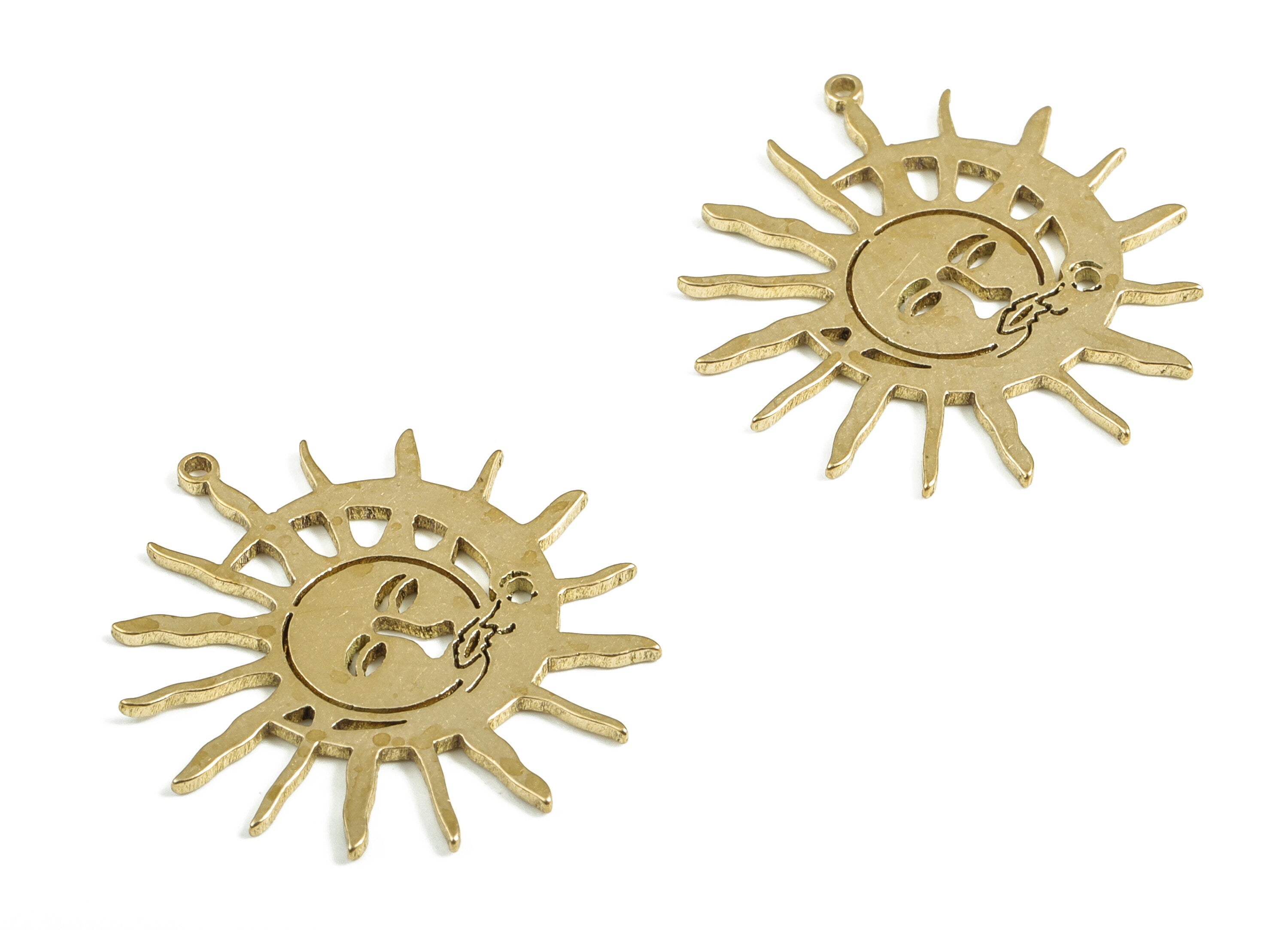 Sun Crescent Pendant - Raw Brass Sun Face Moon Earring Charms - Earrings Finding - Jewelry Making Supplies - 23.34x21.61x0.82mm - PP4031 - DOMEDBAZAAR