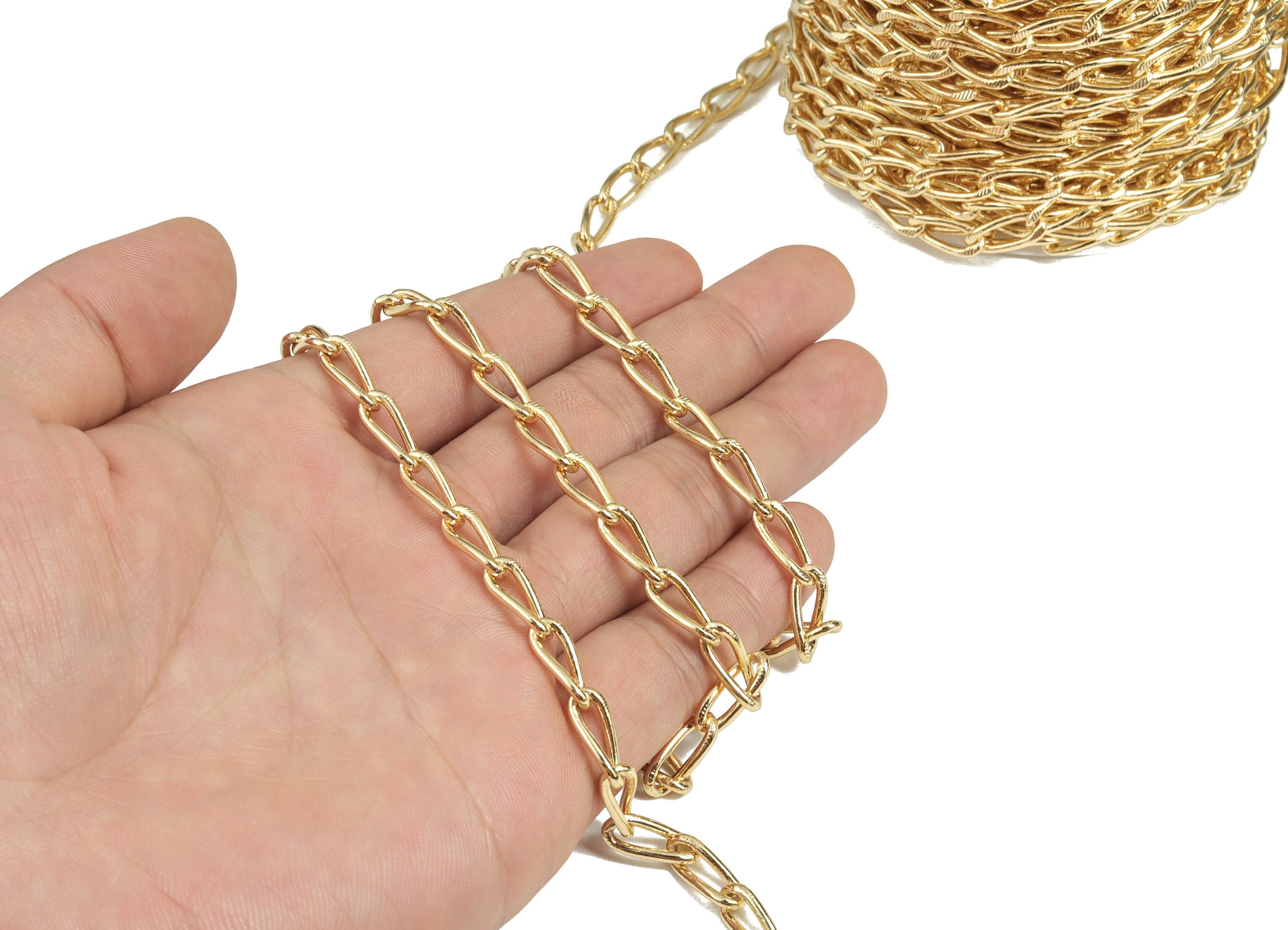 Gold Hammered Oval Curb Chain - 18K Real Gold Brass Textured Rectangle Oval Curb Chain - Soldered Chain - 0.56&quot;x0.24&quot;x0.06&quot; RGP2940 - DOMEDBAZAAR