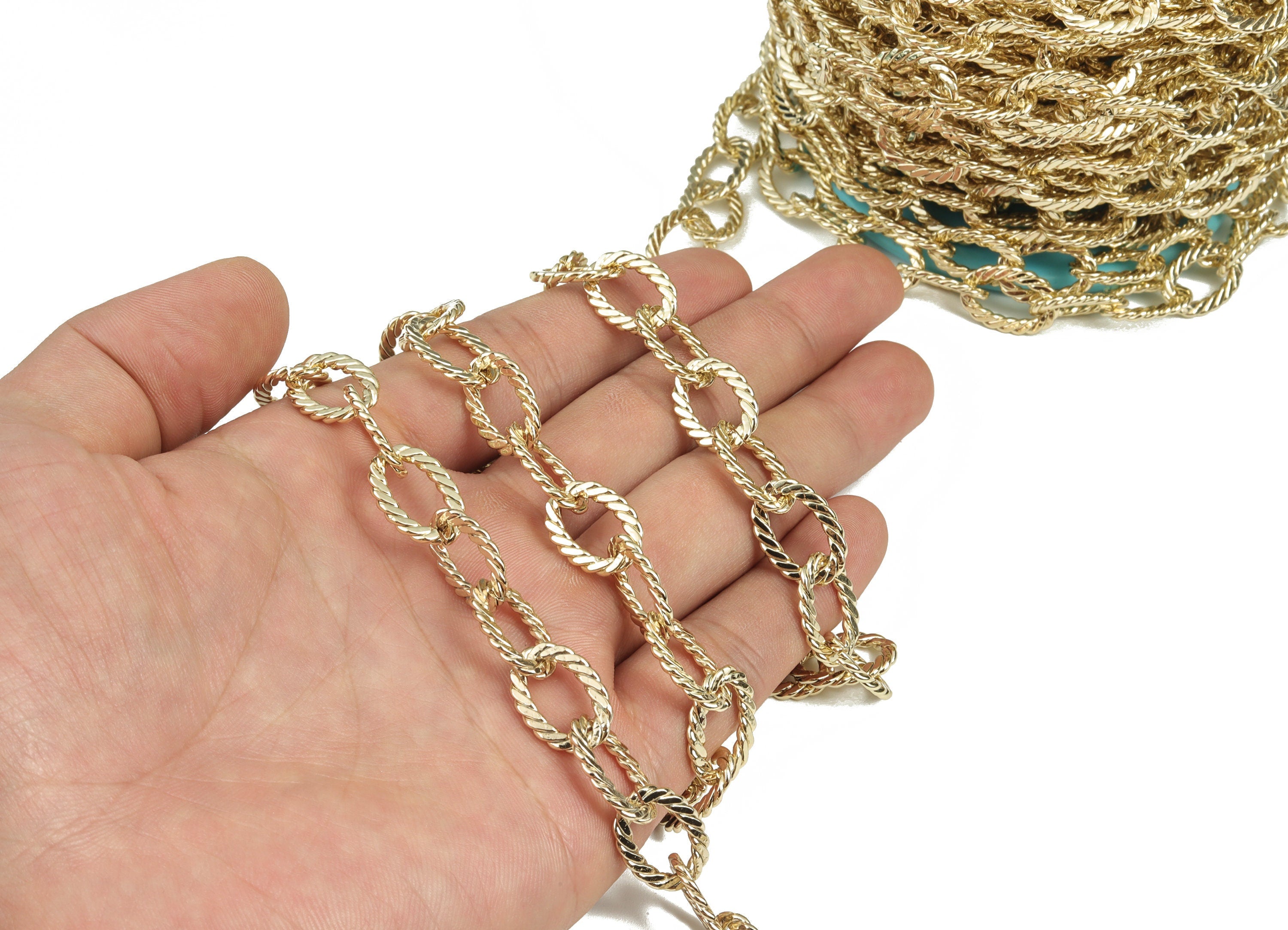 Gold Oval Paper Clip Layering Chain - 14K Real Gold Brass Textured Oval Cable Chain - Large Oval Chain - 0.66&quot;x0.44&quot;x0.07&quot; RGP2971 - DOMEDBAZAAR
