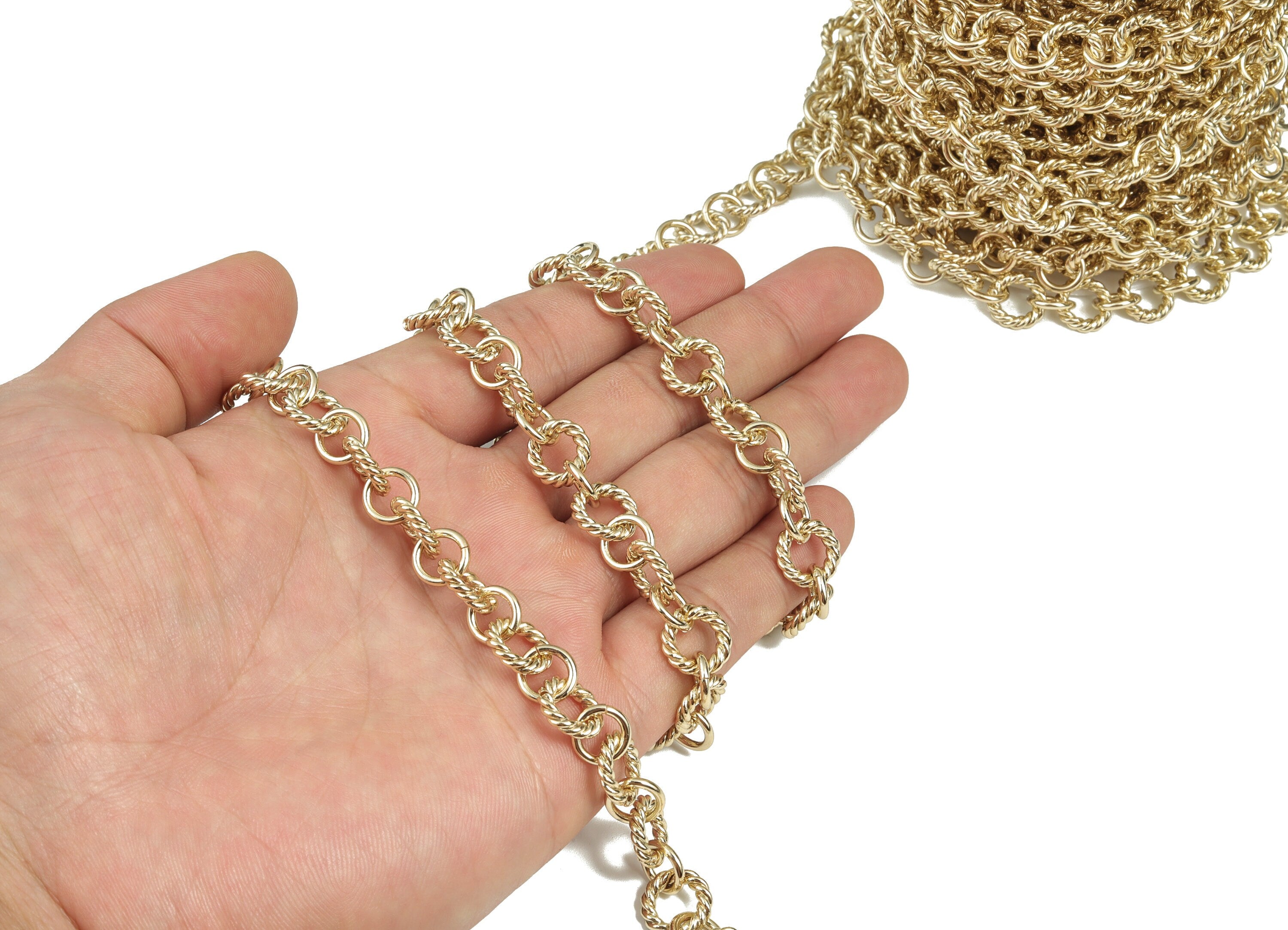 Gold Round Link Cable Chain - 14K Real Gold Brass Textured Round Rolo Chain - Chunky Chain - For Necklace Bracelet 0.43&quot;x0.43&quot;x0.09&quot; RGP2972 - DOMEDBAZAAR