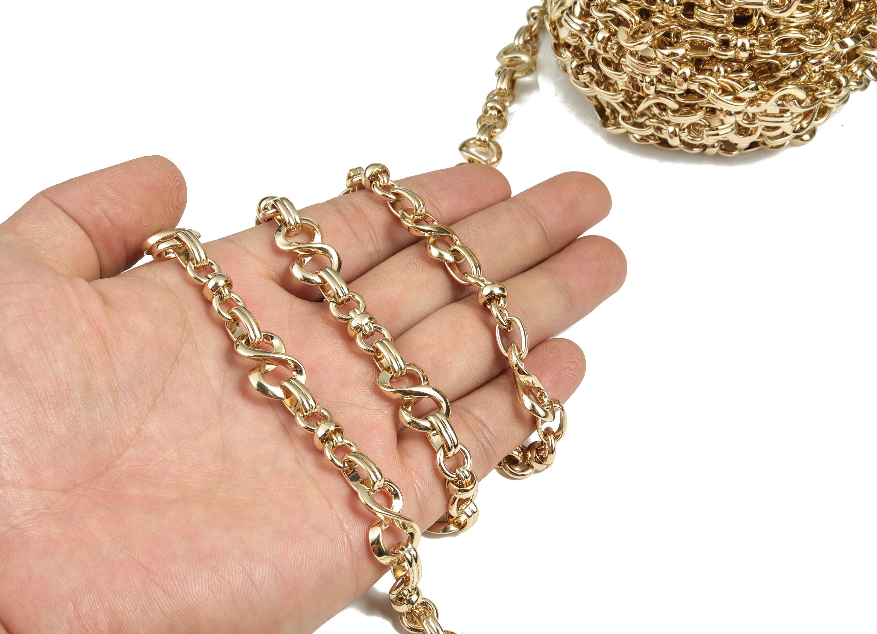 Gold Figure 8 Cable Chain - 14K Real Gold Brass Oval Eternity Chain - Openlink Thick Figure Eight Cable Chain - 0.70&quot;x0.47&quot;x0.23&quot; RGP2979 - DOMEDBAZAAR