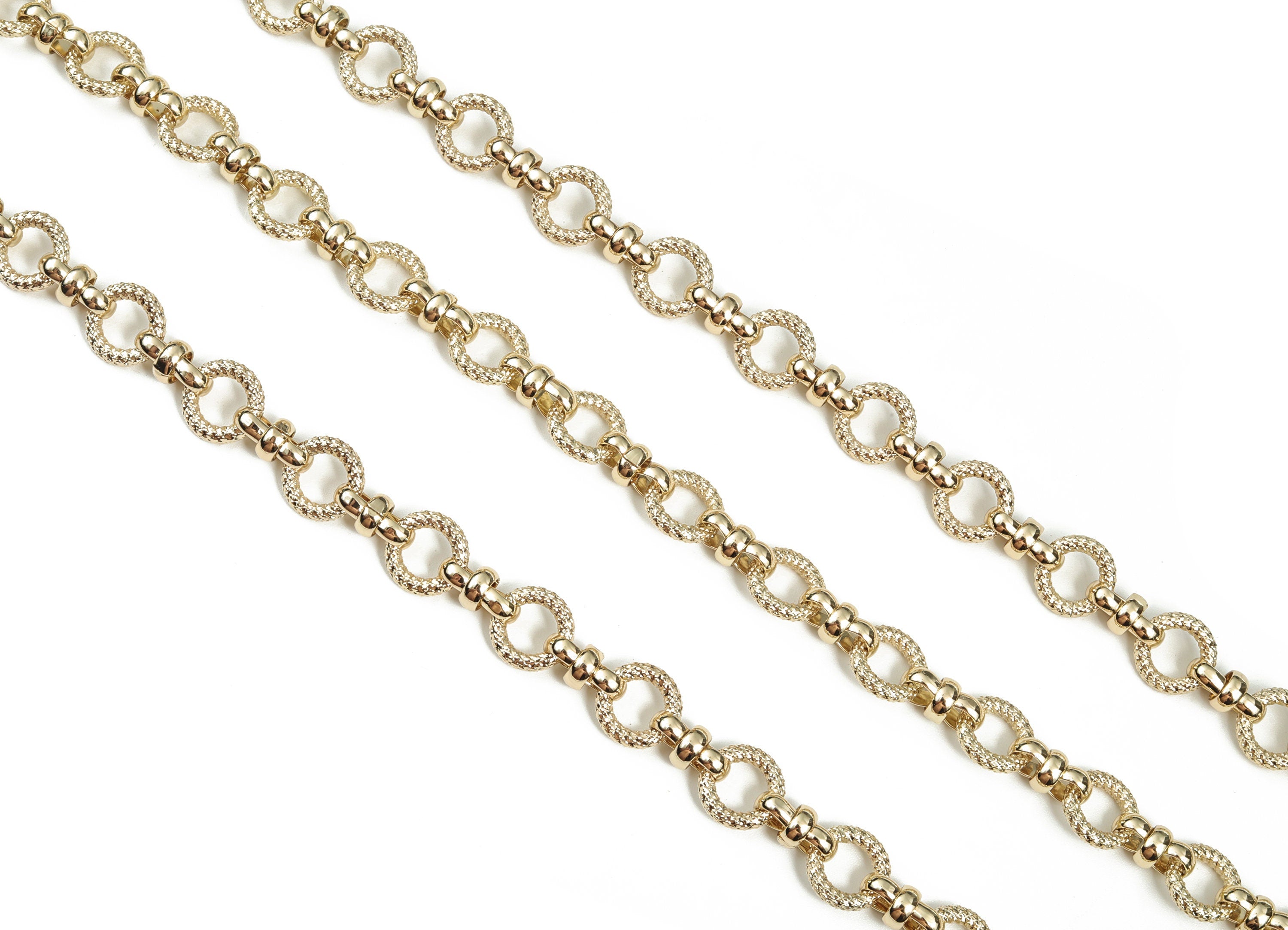 Gold Textured Round Rolo Cable Chain - 14K Real Gold Brass Round Link Cable Chain - Thick Round Chain - 0.49&quot;x0.49&quot;x0.10&quot; RGP2983 - DOMEDBAZAAR