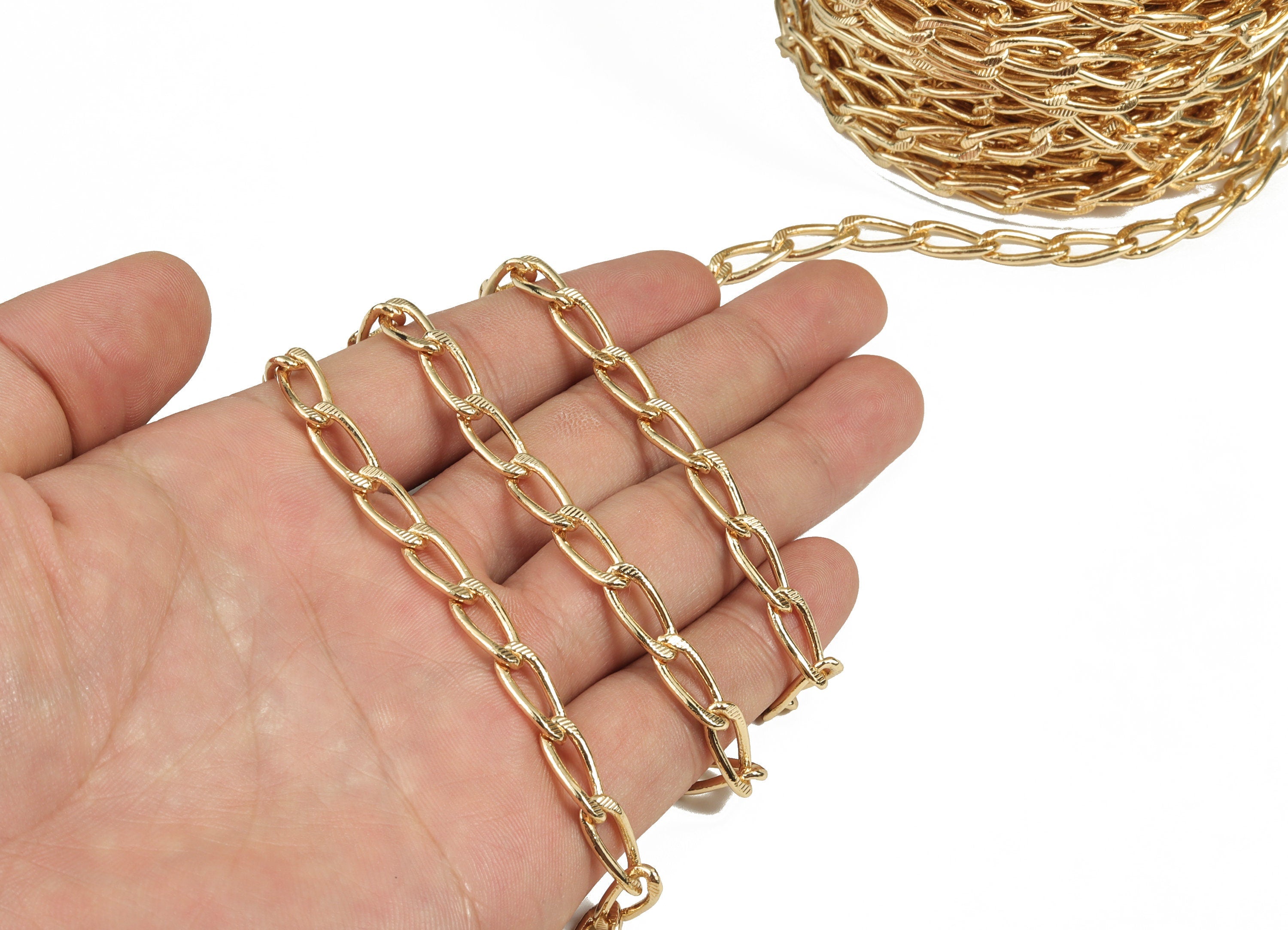 Gold Oval Paper Clip Layering Chain - 18K Real Gold Brass Textured Oval Curb Chain - Hammered Oval Curb Chain - 0.56&quot;x0.24&quot;x0.09&quot; RGP2986 - DOMEDBAZAAR