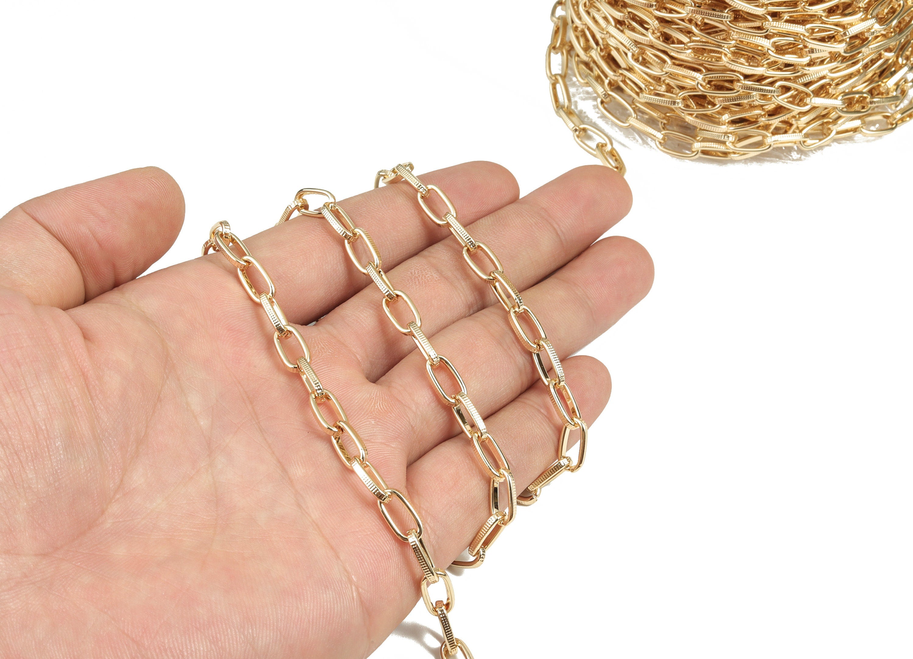 Gold Oval Rectangle Paper Clip Layering Chain - 18K Real Gold IronTextured Oval Cable Chain - Oval Rolo Chain - 0.42&quot;x0.22&quot;x0.06&quot; RGP2988 - DOMEDBAZAAR