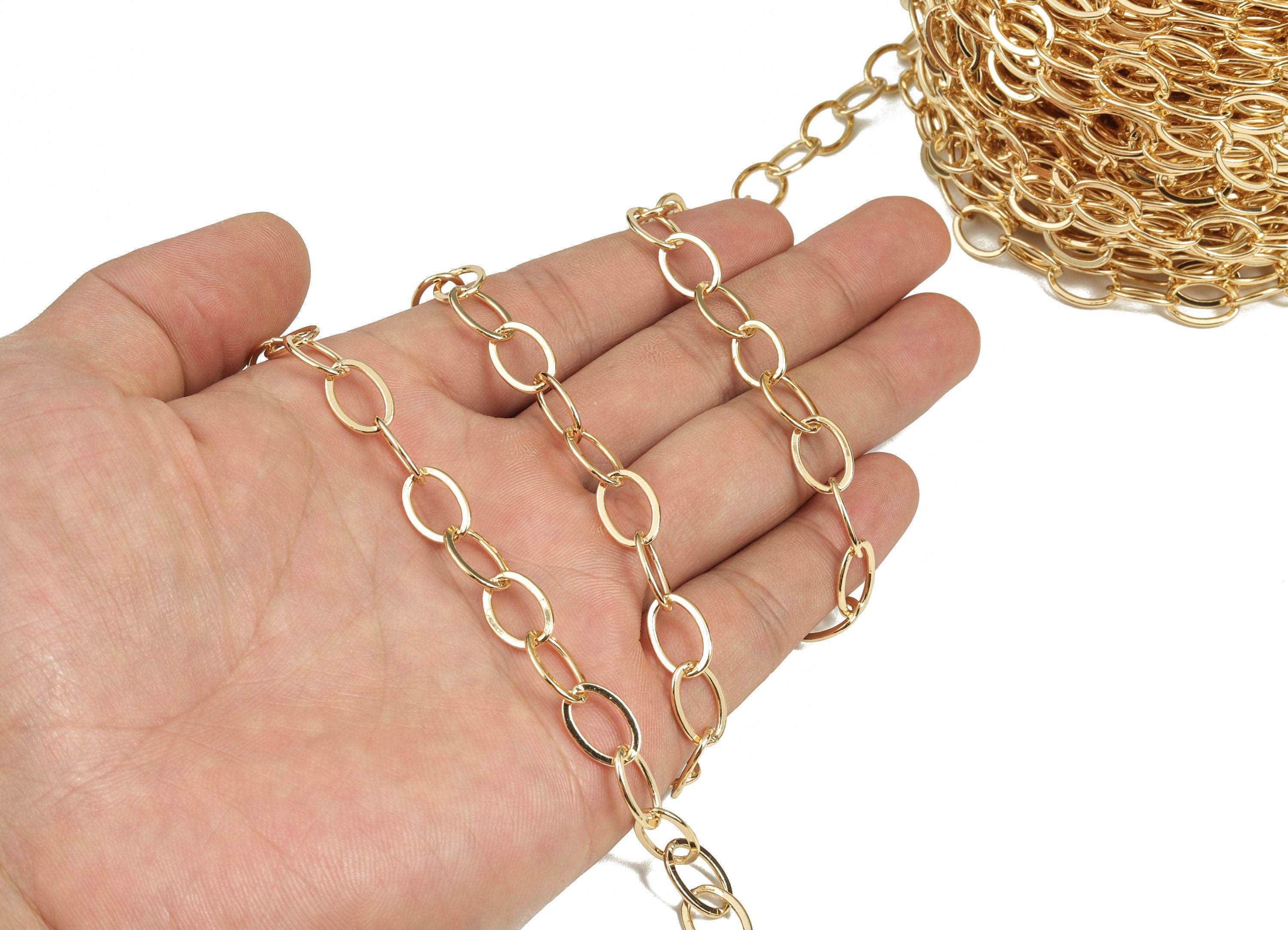 Gold Flat Oval Cable Chain - 18K Real Gold Brass Oval Paper Clip Layering Chain - Oval Cable Chain - 0.49&quot;x0.33&quot;x0.03&quot; RGP2989 - DOMEDBAZAAR
