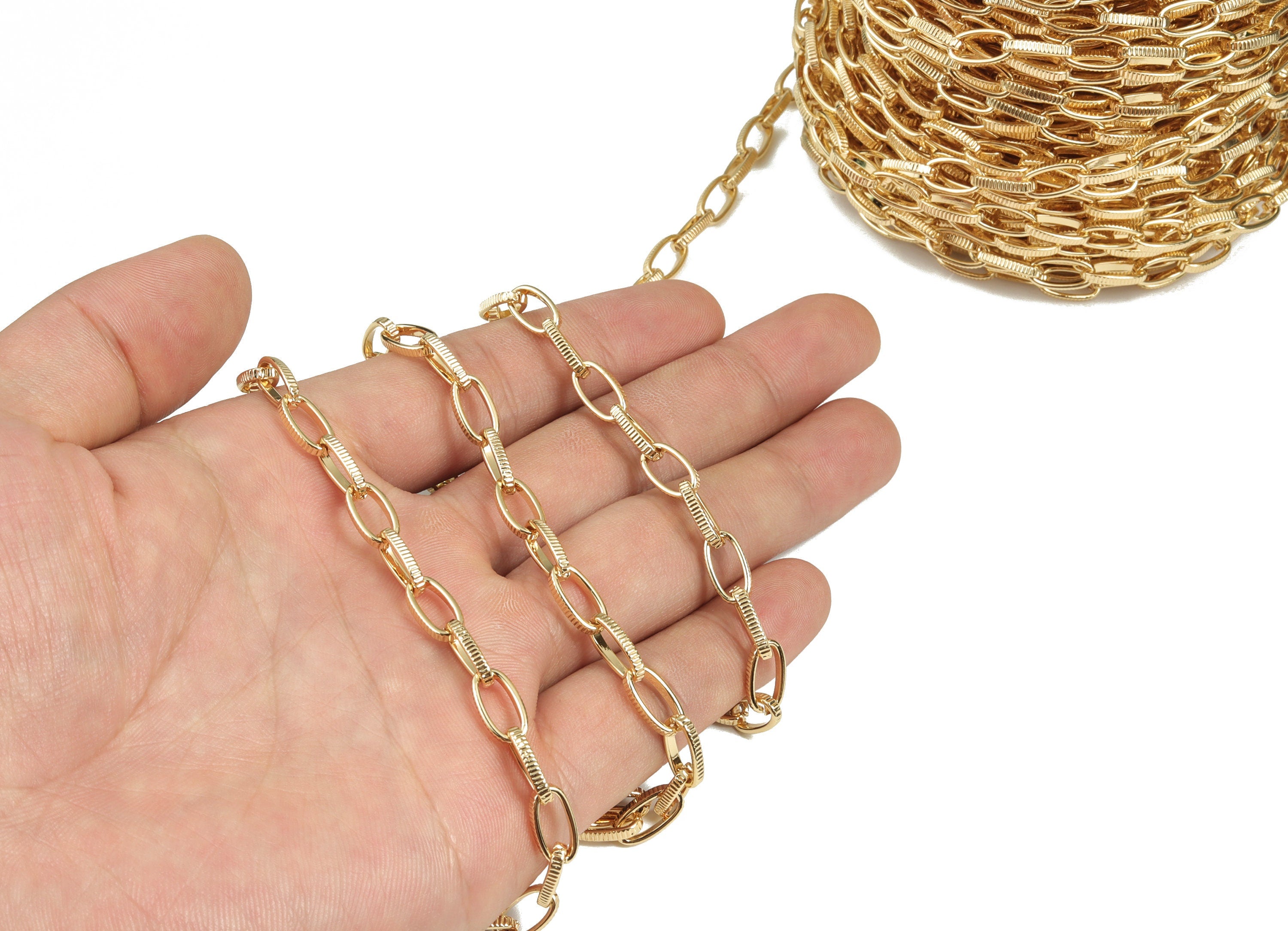 Gold Oval Paper Clip Layering Chain - 18K Real Gold Iron Textured Oval Rolo Cable Chain-Open Link Flat Oval Chain 0.44&quot;x0.23&quot;x0.07&quot; RGP3019 - DOMEDBAZAAR