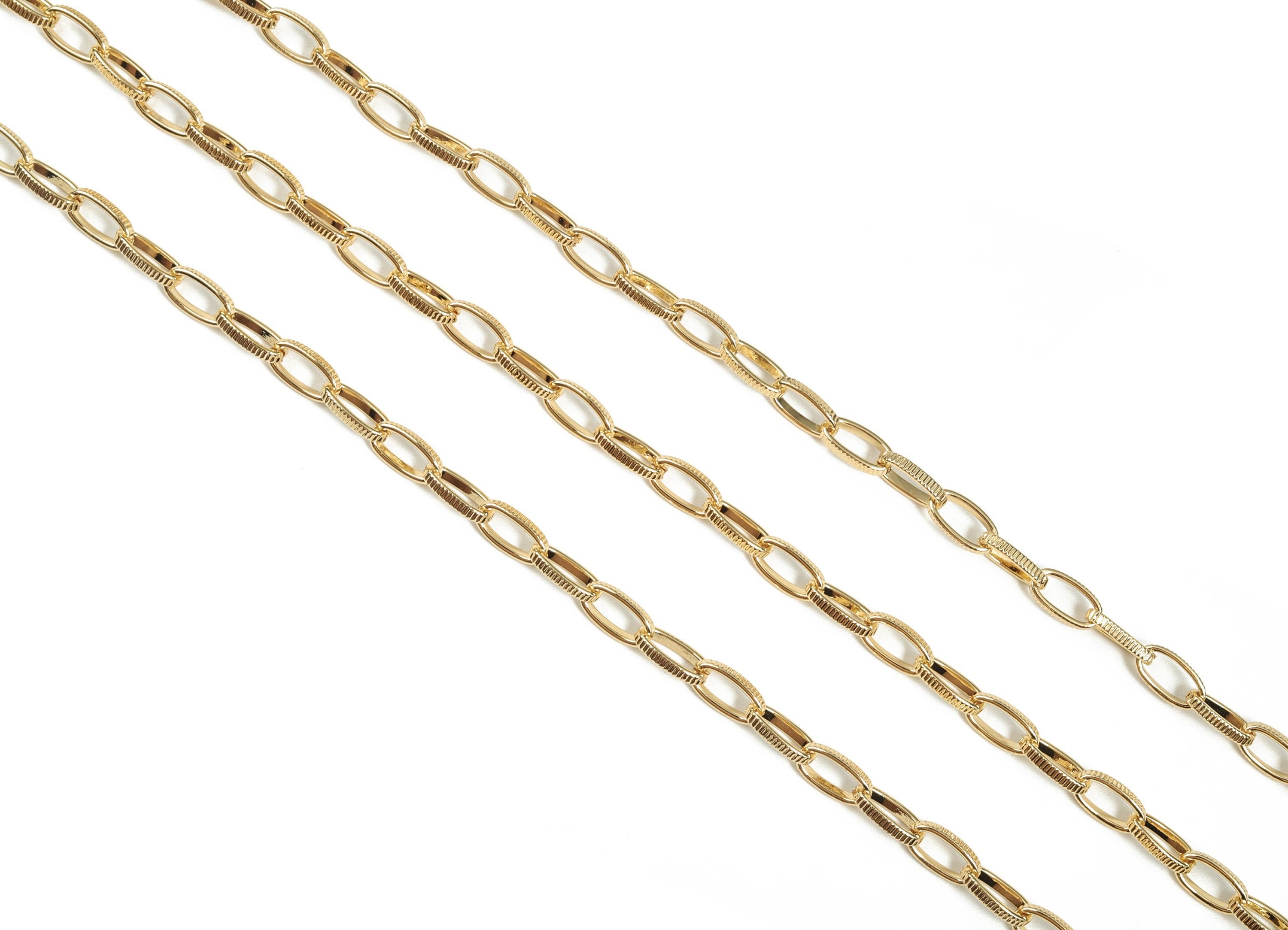 Gold Oval Paper Clip Layering Chain - 18K Real Gold Iron Textured Oval Rolo Cable Chain-Open Link Flat Oval Chain 0.44&quot;x0.23&quot;x0.07&quot; RGP3019 - DOMEDBAZAAR