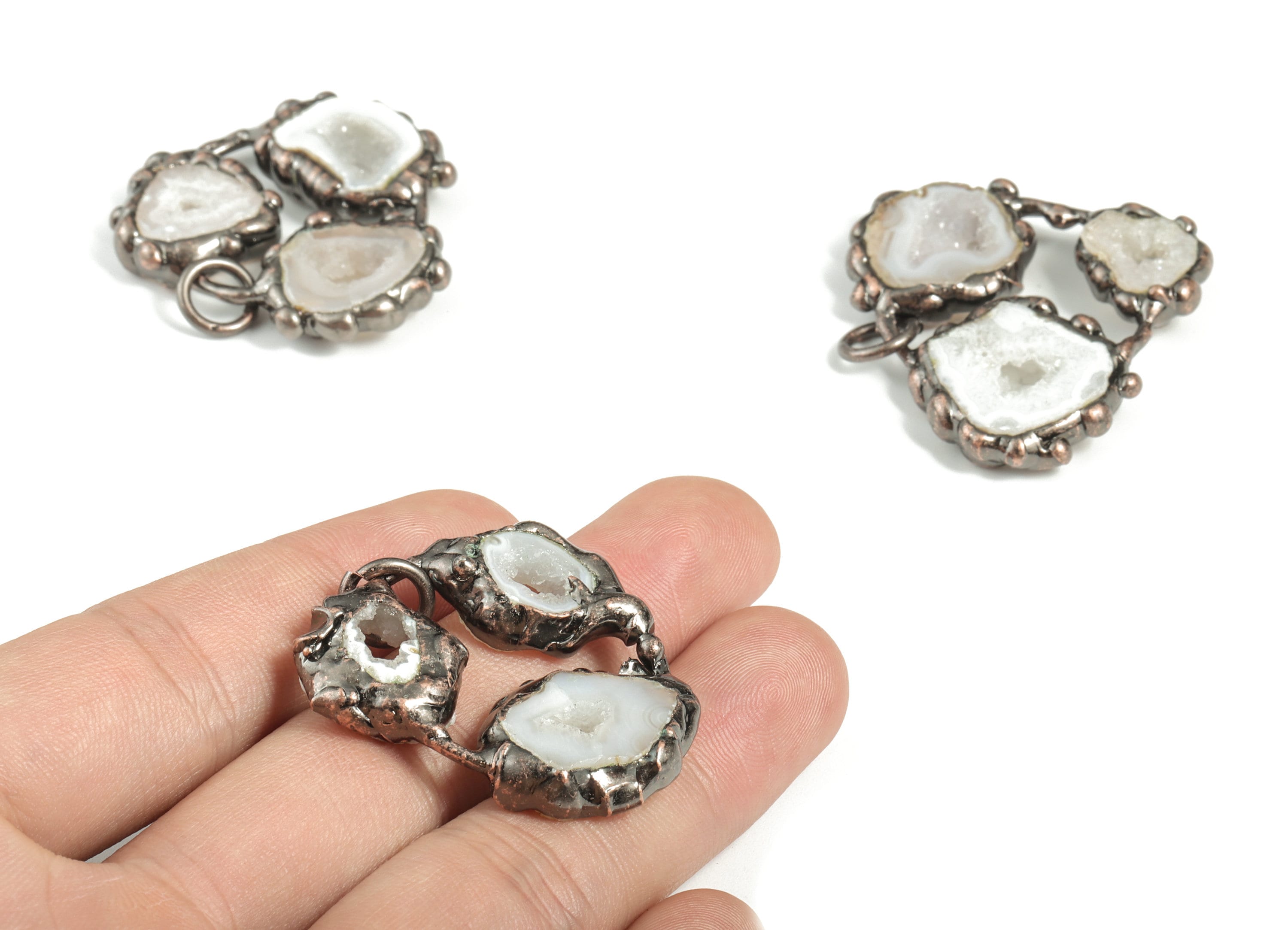 Irregular Crystal White 3 Druzy Agate Pendant – Average Size Earring Charms - Jewelry Making Supplies – 38.68x34.75x6.19mm – NS1312 - DOMEDBAZAAR