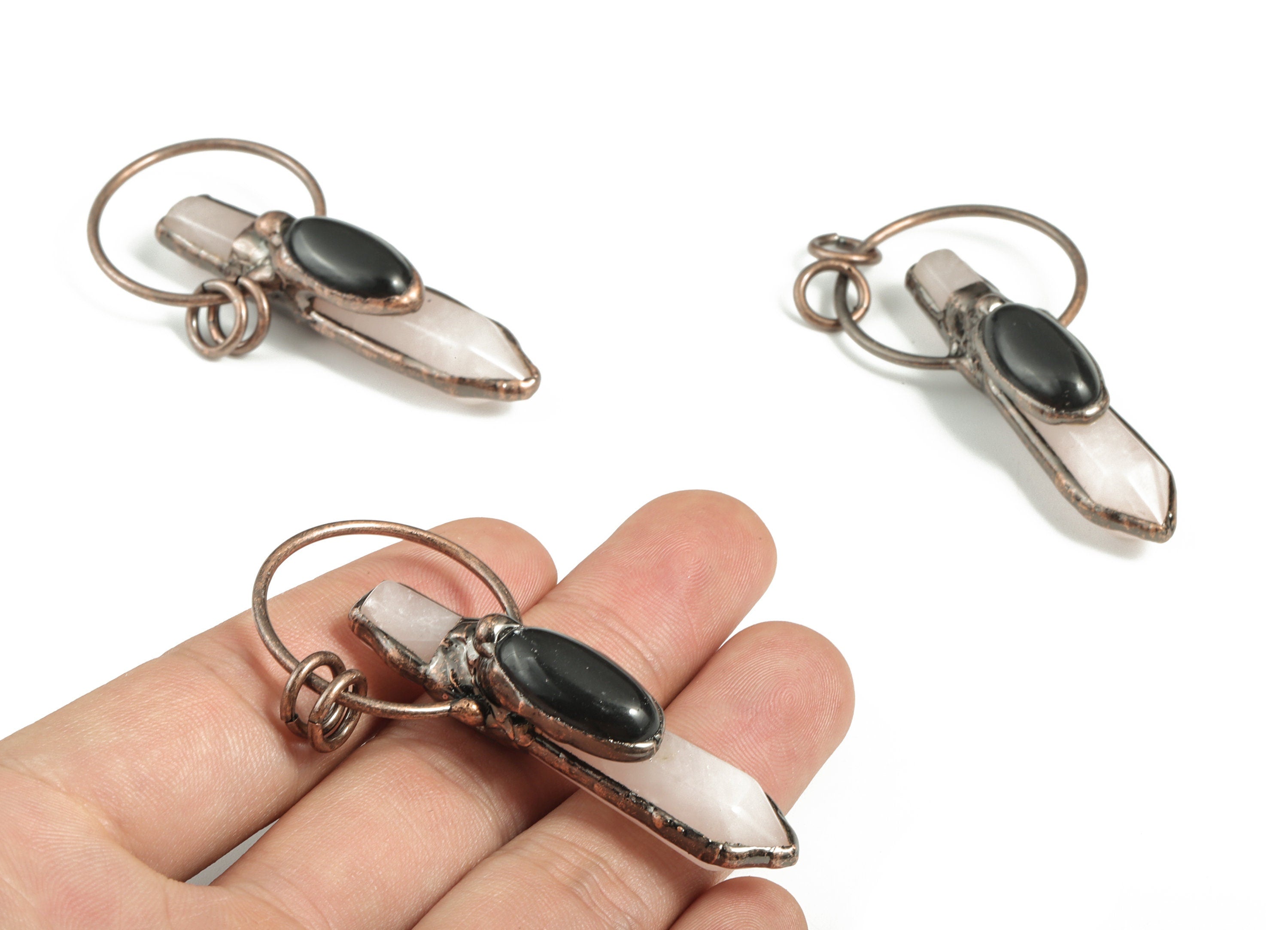 Rose Quartz With Black Onyx Eye Charms - Pink Crystal Bullet Pendant – Jewelry Supplies –  Average Size Charms - 61.97x28.32x14.4mm - NS1326 - DOMEDBAZAAR