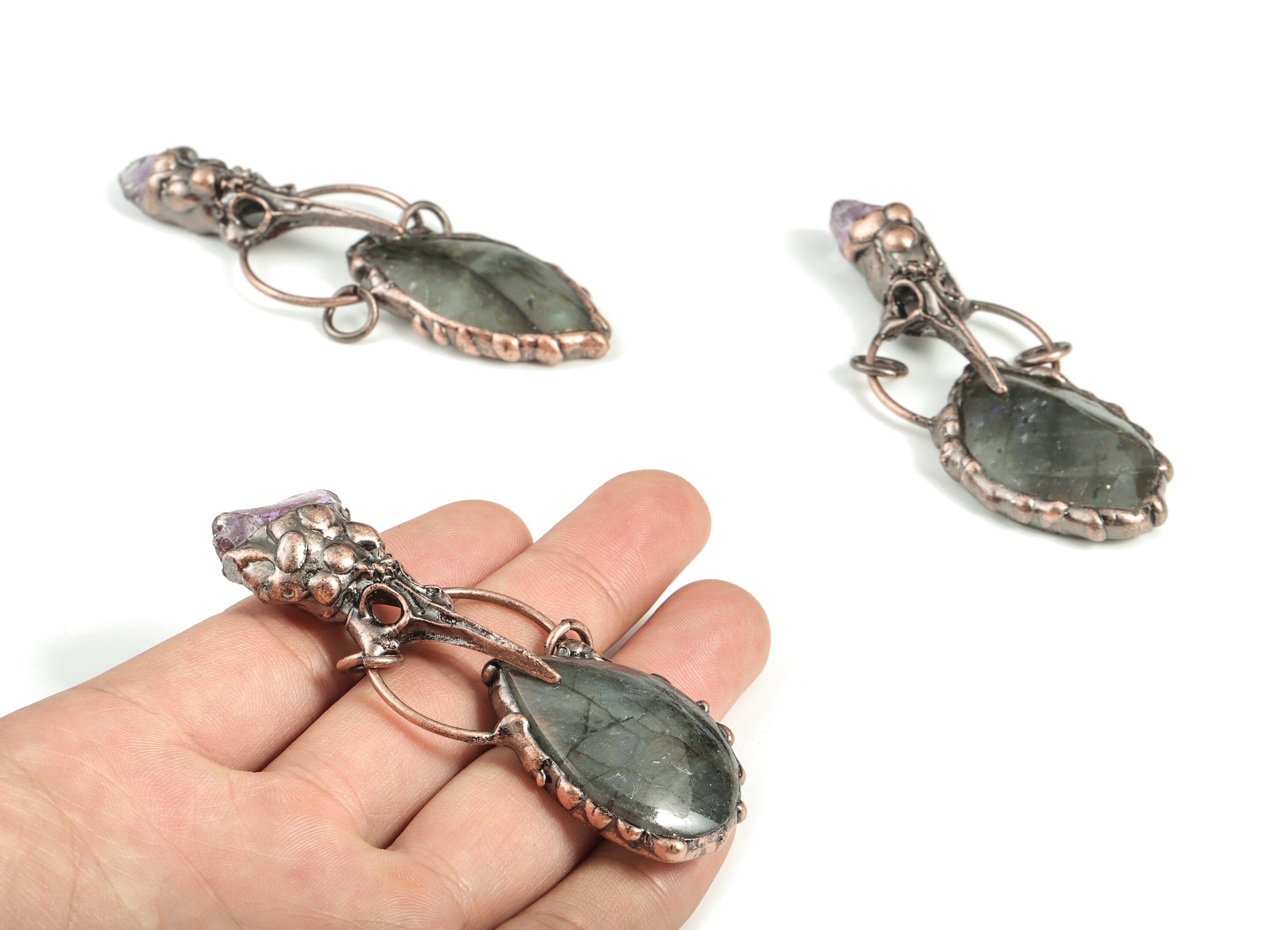 Natural Labradorite Pendant – Purple Amethyst Charms – Bird Head Skull Charm - Jewelry Supplies- Average Size - 84.52x28.24x12.68mm- NS1356 - DOMEDBAZAAR