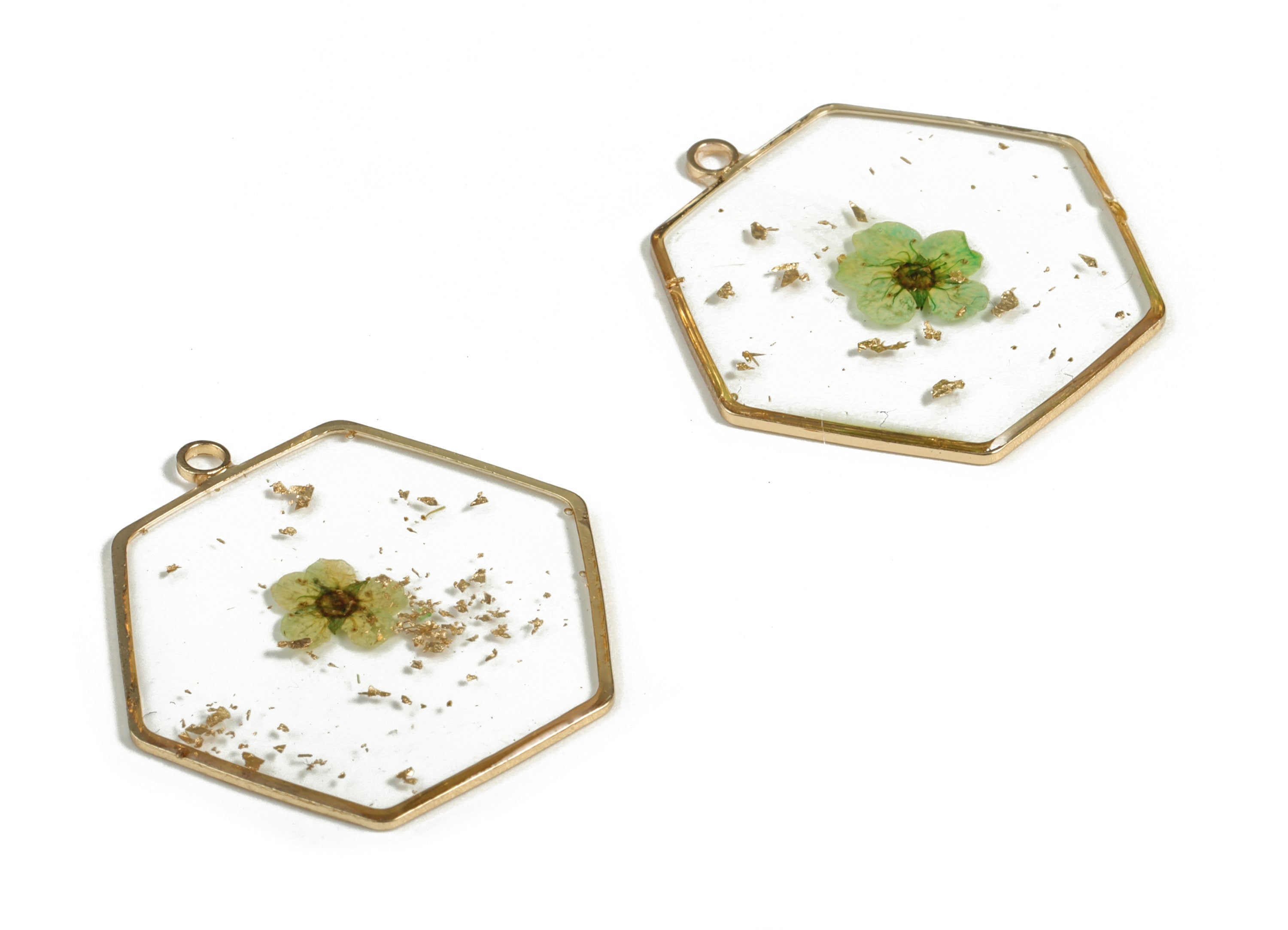 Brass Hexagon Earring Charms - Gold Foil Dried Real Flower Pendant - AB Glue Charms - Jewelry Supplies - 29.76x26.4x2.23mm- RC1178 - DOMEDBAZAAR