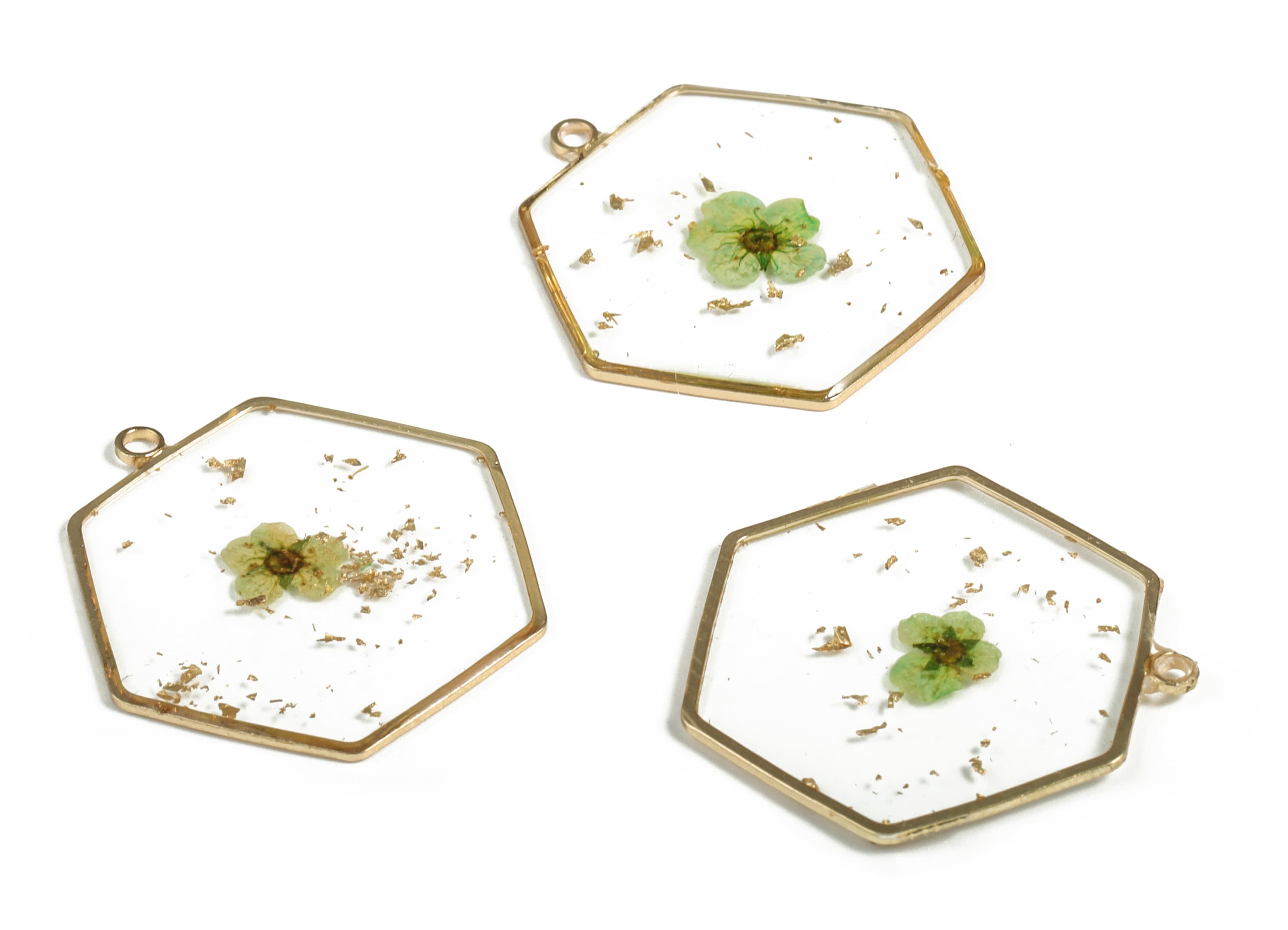 Brass Hexagon Earring Charms - Gold Foil Dried Real Flower Pendant - AB Glue Charms - Jewelry Supplies - 29.76x26.4x2.23mm- RC1178 - DOMEDBAZAAR