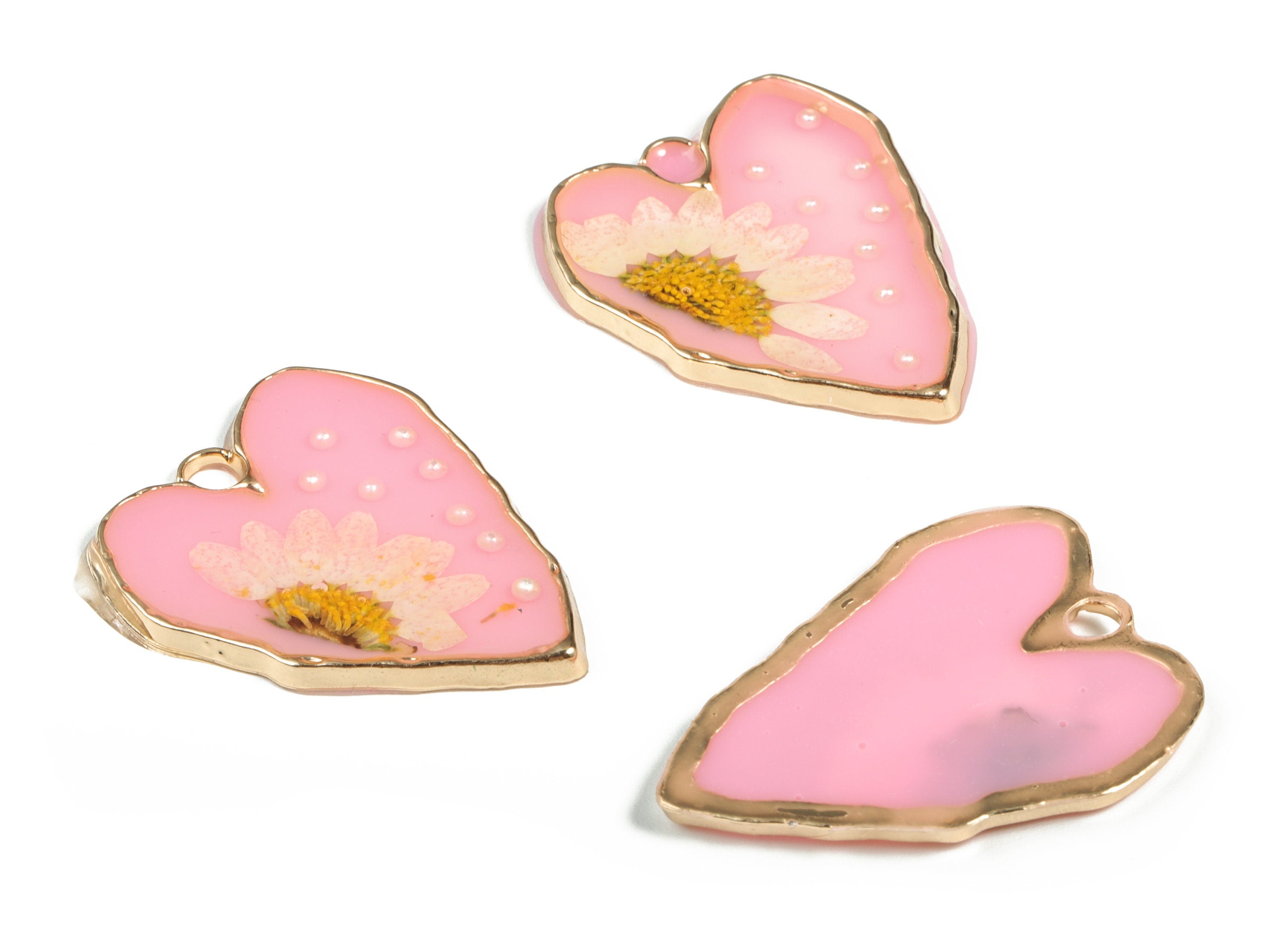 Brass Heart Earring Charms - Brass AB Glue Charms - Resin Dried Real Flower Pendant - Jewelry Making Supplies - 34.75x27.84x3.1mm - RC1179 - DOMEDBAZAAR