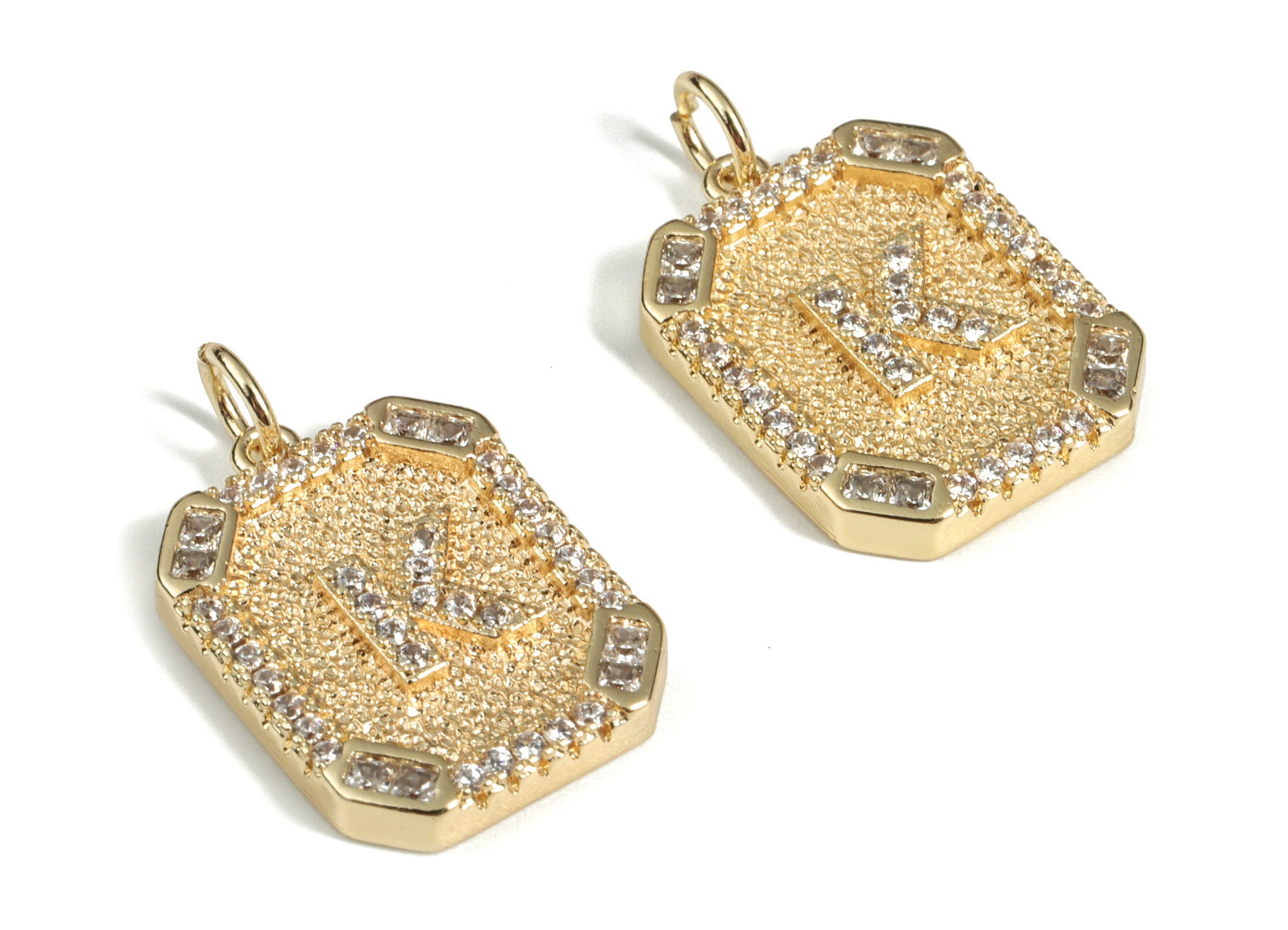 Brass Square Letter K Earring Charm With Zircons - Initial K Gold Square Pendant -18k Real Gold Plated Brass - 22.89x13.97x2.7mm - RGP3135K - DOMEDBAZAAR