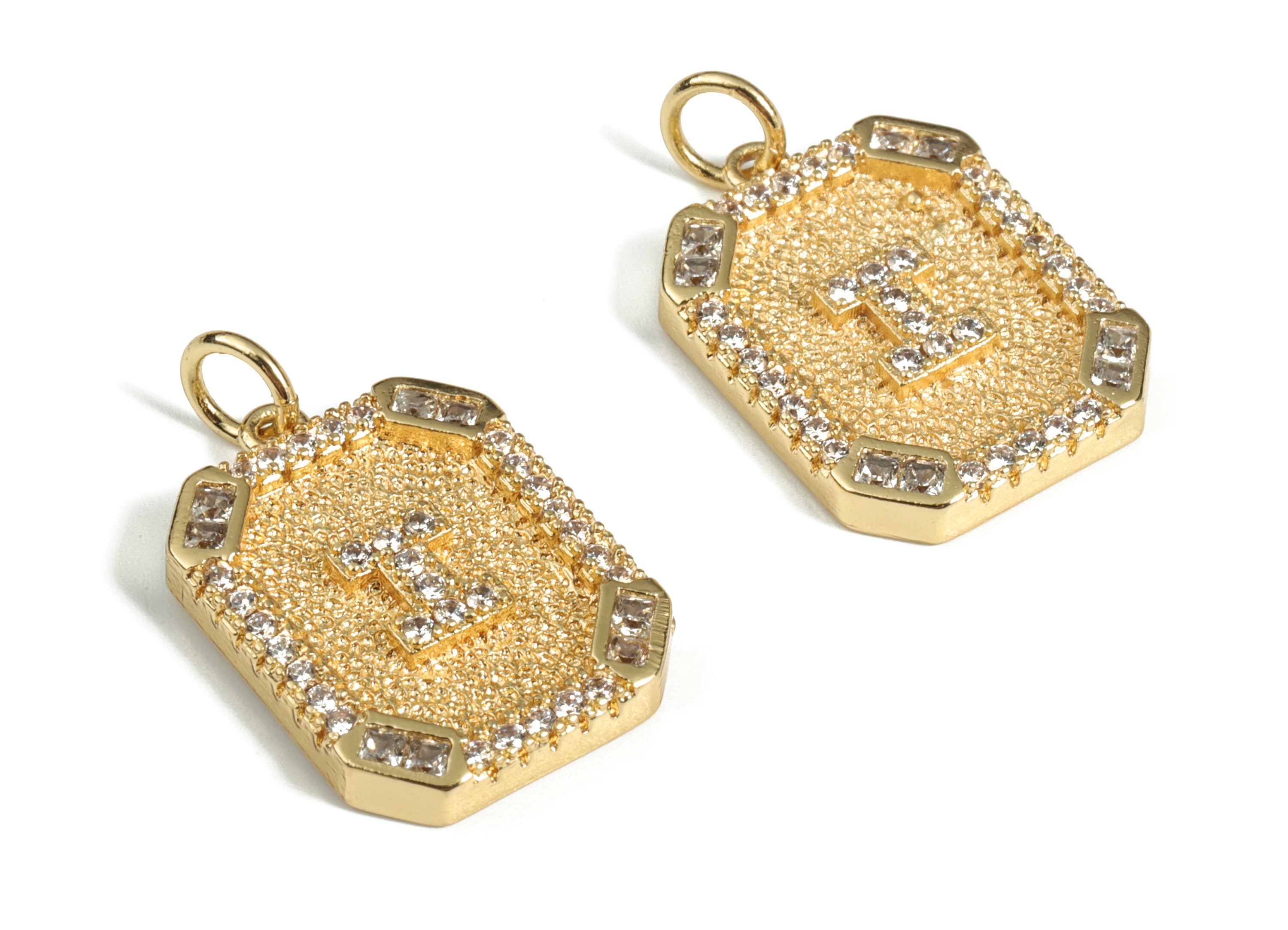 Brass Square Letter I Earring Charm With Zircons - 18k Real Gold Plated Brass - Initial I Gold Square Pendant - 22.89x13.97x2.7mm - RGP3135I - DOMEDBAZAAR