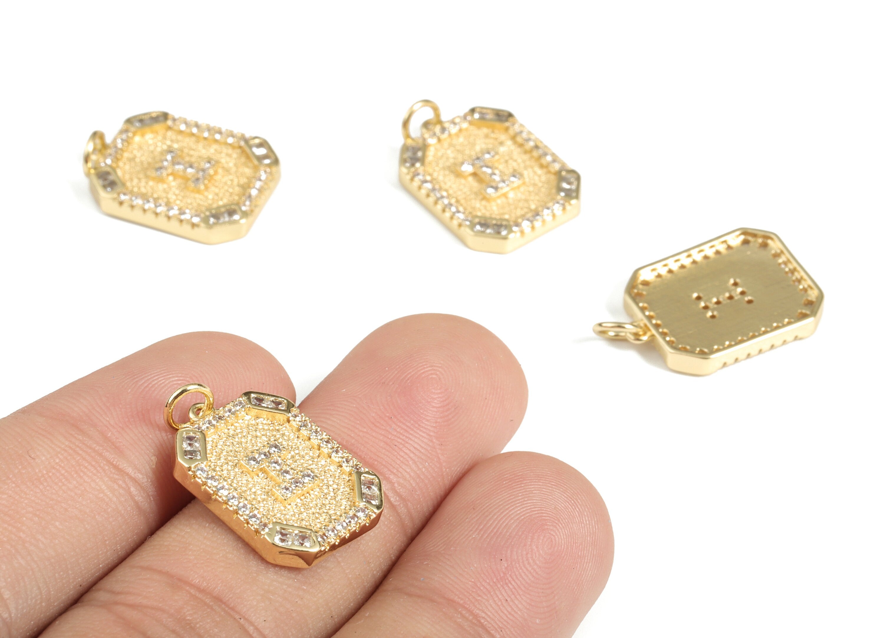 Brass Square Letter I Earring Charm With Zircons - 18k Real Gold Plated Brass - Initial I Gold Square Pendant - 22.89x13.97x2.7mm - RGP3135I - DOMEDBAZAAR