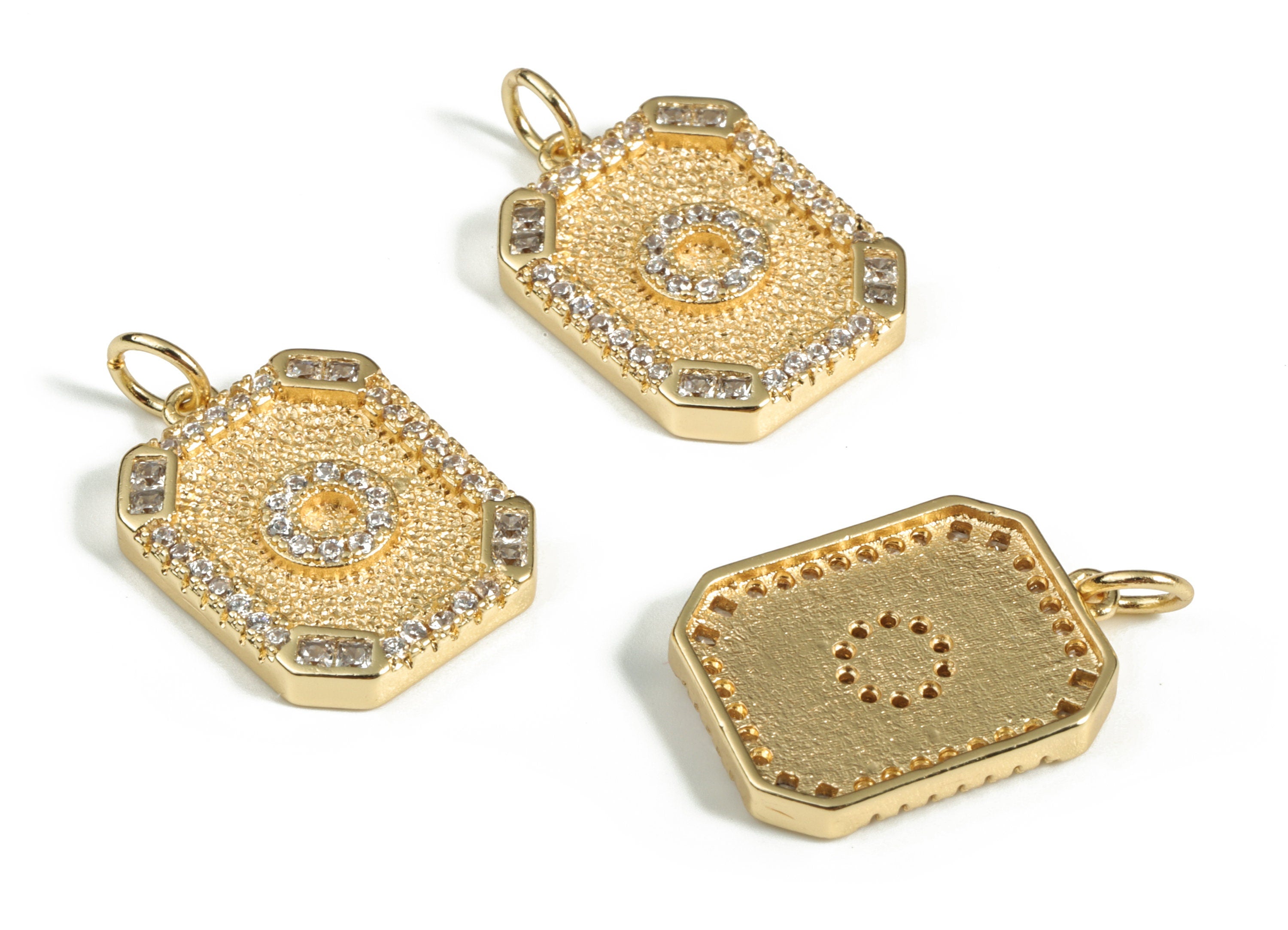 Brass Square Letter O Earring Charm With Zircons - Initial O Gold Square Pendant - 18k Real Gold Plated Brass - 22.89x13.97x2.7mm - RGP3135O - DOMEDBAZAAR