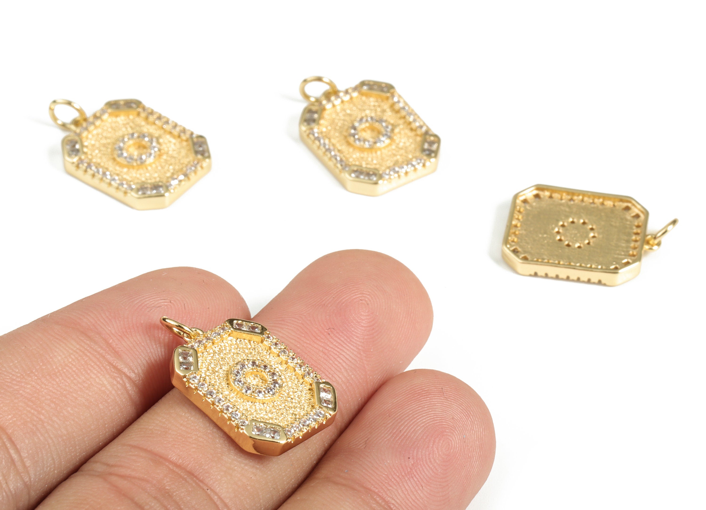 Brass Square Letter O Earring Charm With Zircons - Initial O Gold Square Pendant - 18k Real Gold Plated Brass - 22.89x13.97x2.7mm - RGP3135O - DOMEDBAZAAR