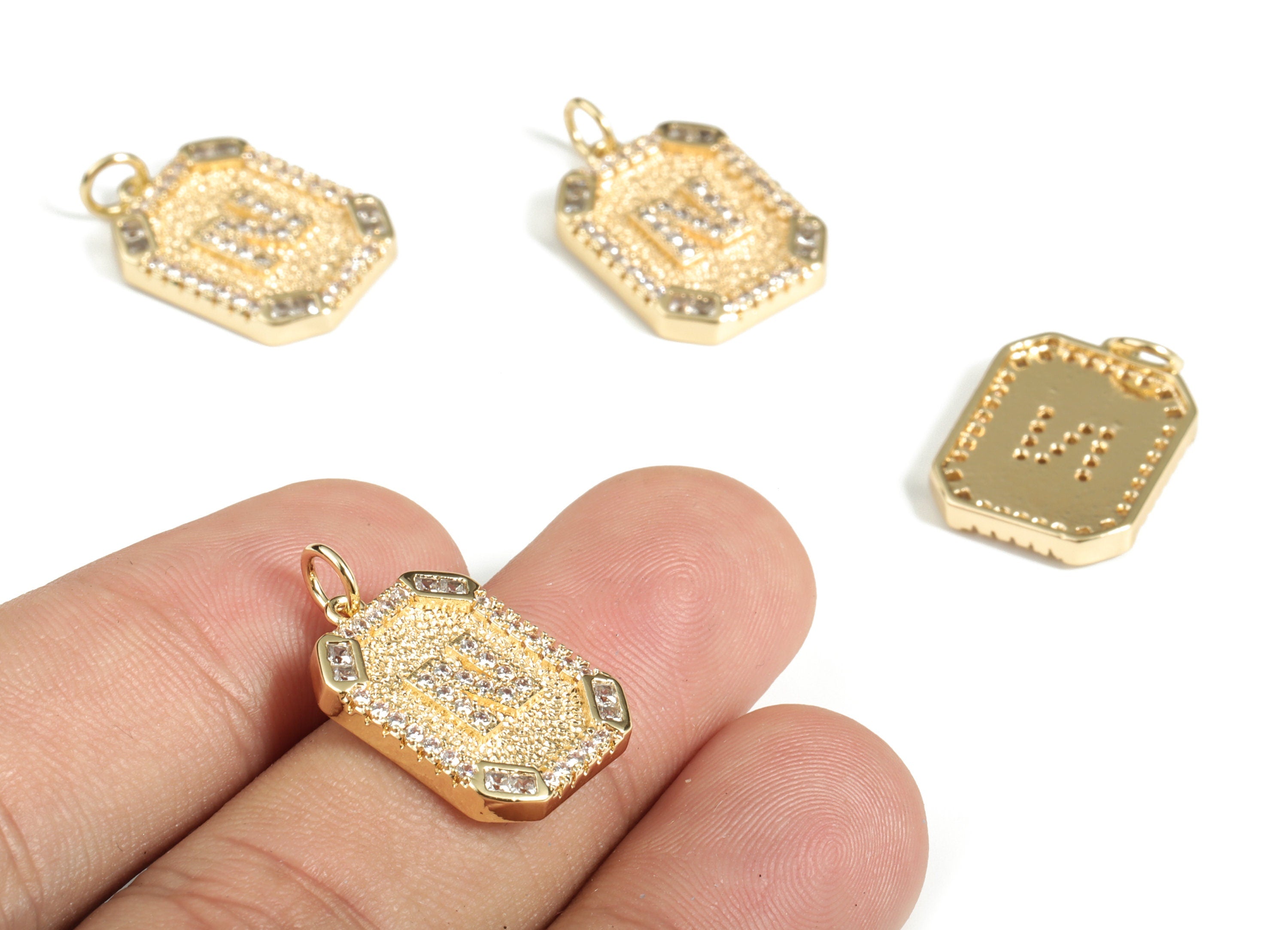 Brass Square Letter N Earring Charm With Zircons - 18k Real Gold Plated Brass - Initial N Gold Square Pendant - 22.89x13.97x2.7mm - RGP3135N - DOMEDBAZAAR