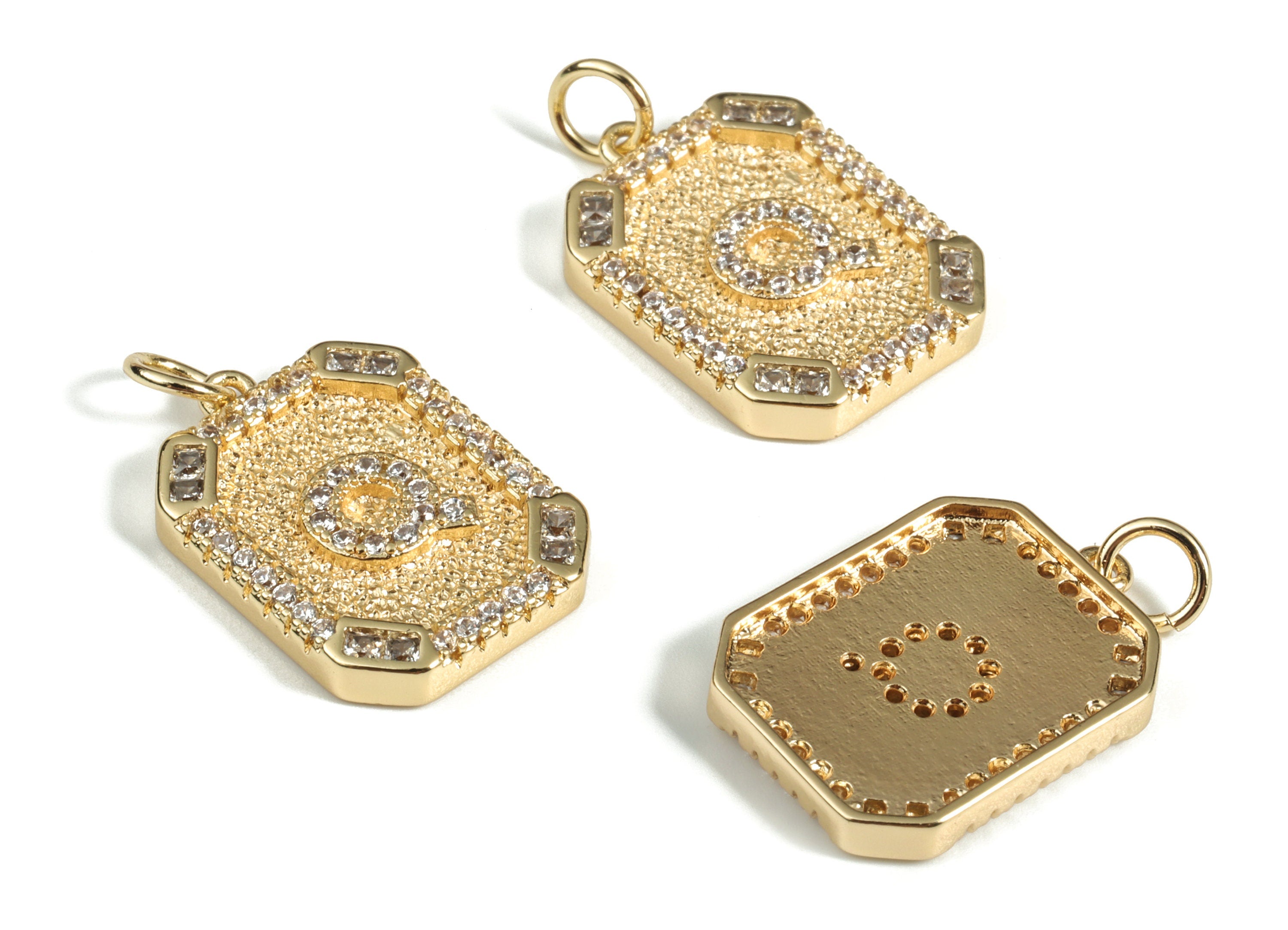 Brass Square Letter Q Earring Charm With Zircons - Initial Q Gold Square Pendant -18k Real Gold Plated Brass - 22.89x13.97x2.7mm - RGP3135Q - DOMEDBAZAAR