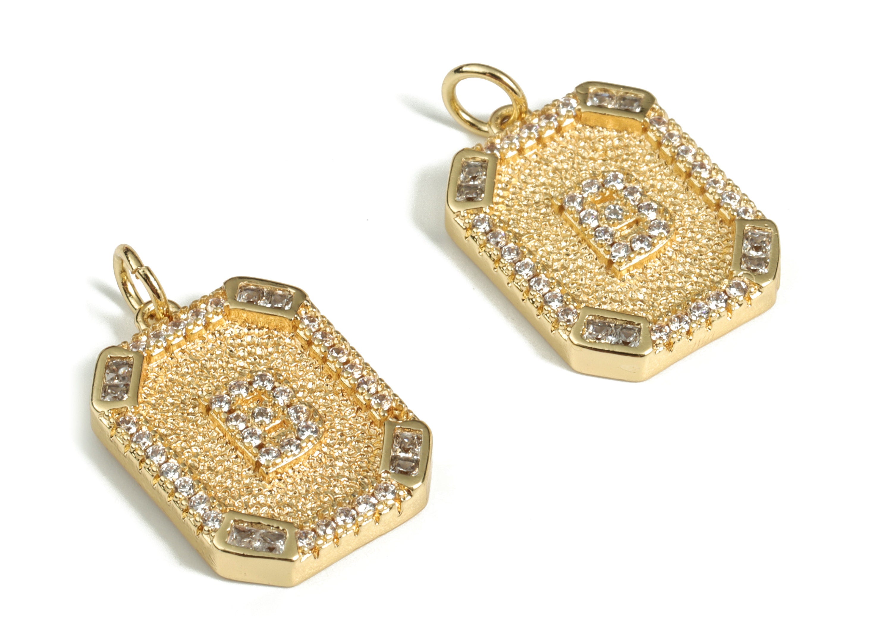 Brass Square Letter B Earring Charm with Zircons - Initial B Gold Square Pendant - 18k Real Gold Plated Brass - 22.89x13.97x2.7mm - RGP3135B - DOMEDBAZAAR