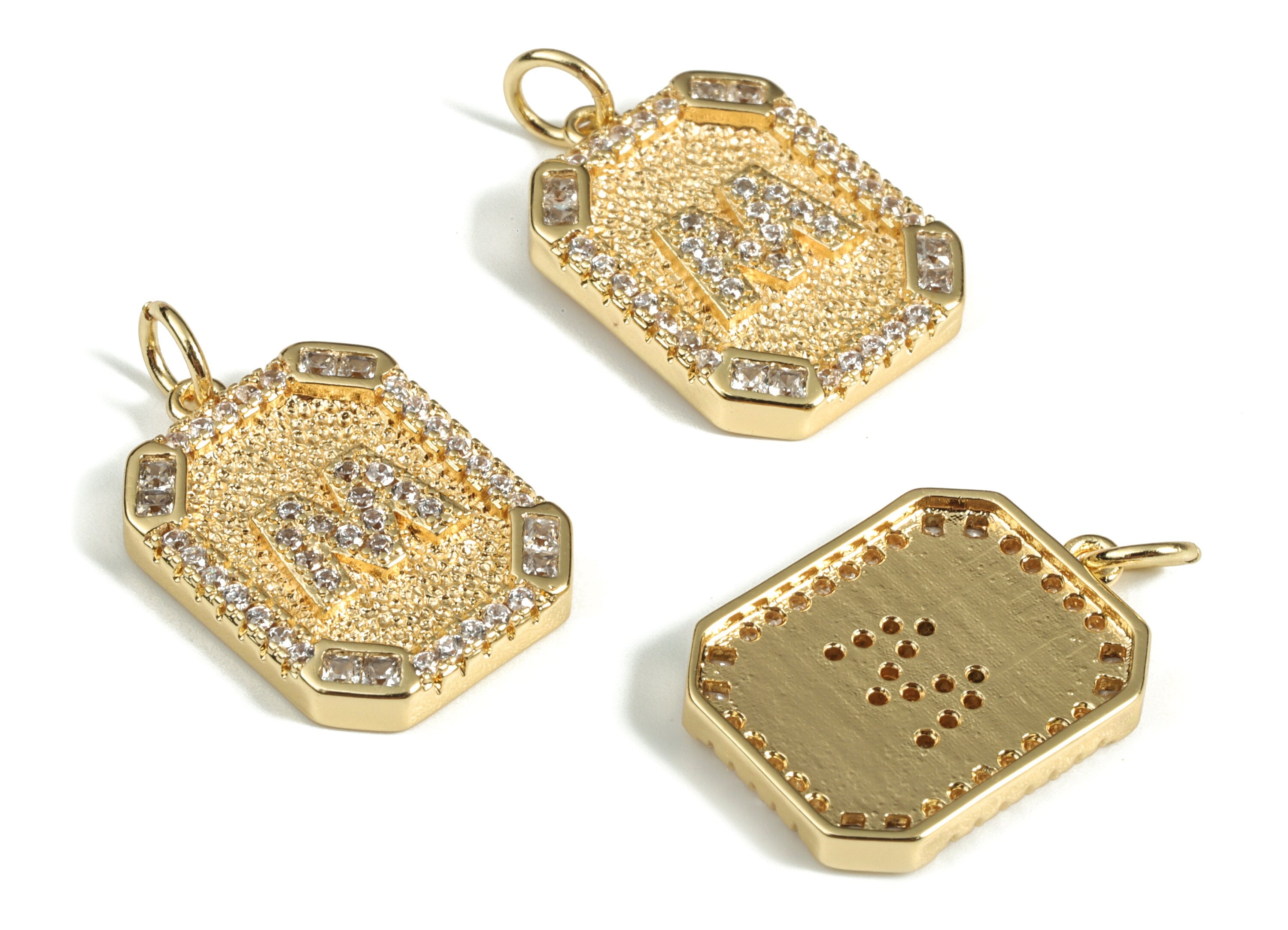 Brass Square Letter M Earring Charm With Zircons -Initial M Gold Square Pendant -18k Real Gold Plated Brass - 22.89x13.97x2.7mm - RGP3135M - DOMEDBAZAAR