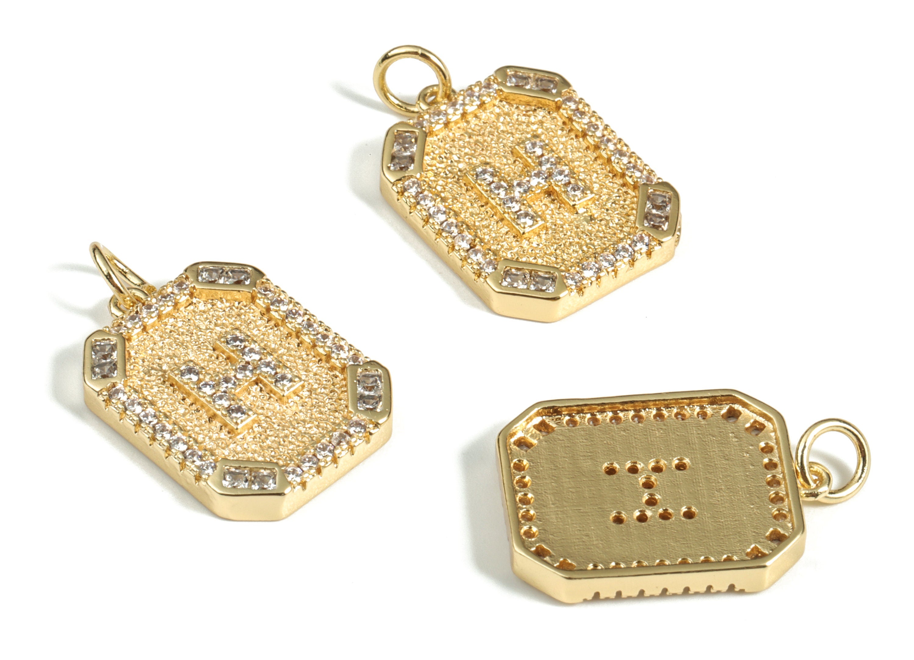 Brass Square Letter H Earring Charm With Zircons - Initial H Gold Square Pendant - 18k Real Gold Plated Brass - 22.89x13.97x2.7mm - RGP3135H - DOMEDBAZAAR