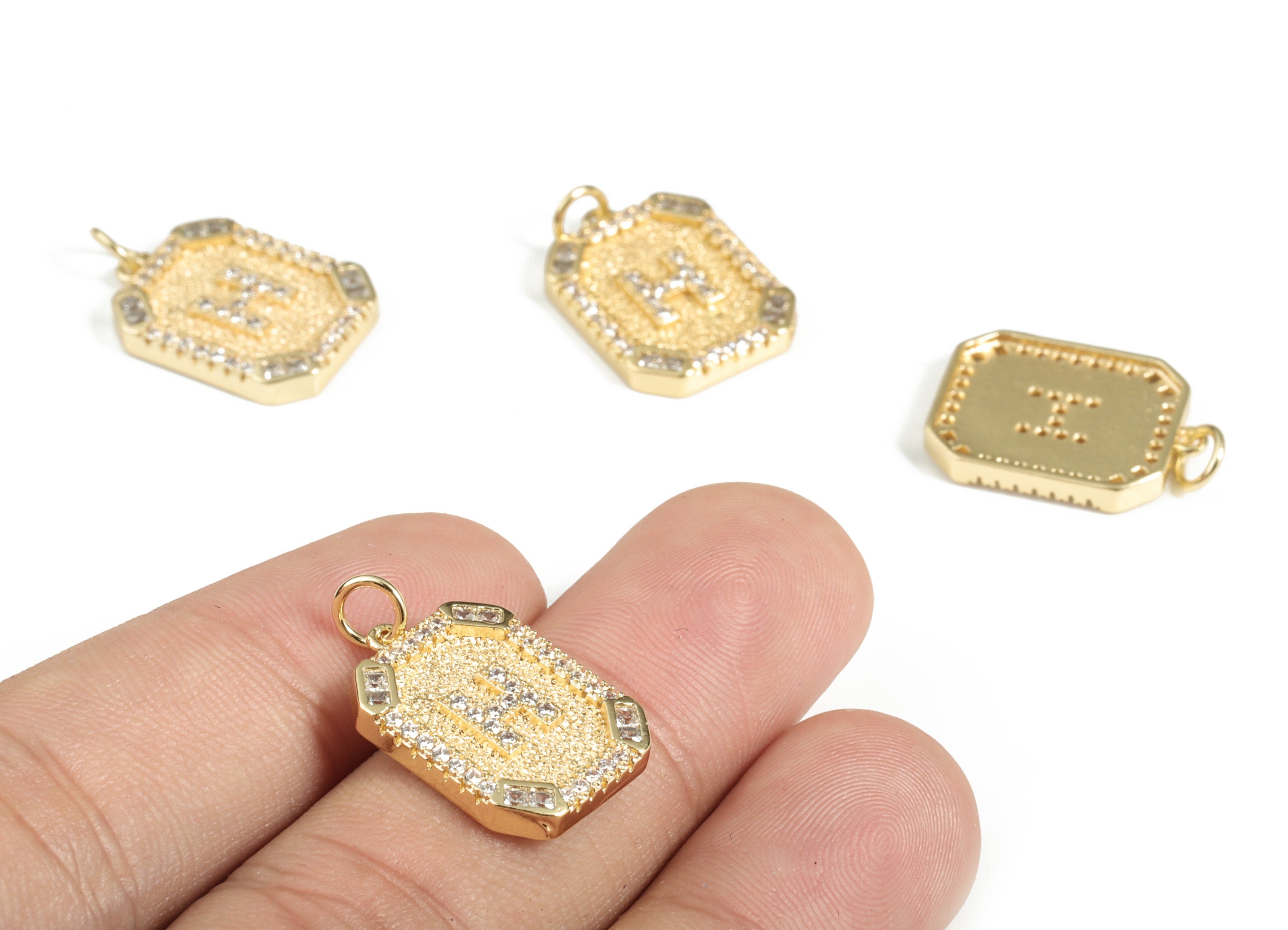 Brass Square Letter H Earring Charm With Zircons - Initial H Gold Square Pendant - 18k Real Gold Plated Brass - 22.89x13.97x2.7mm - RGP3135H - DOMEDBAZAAR