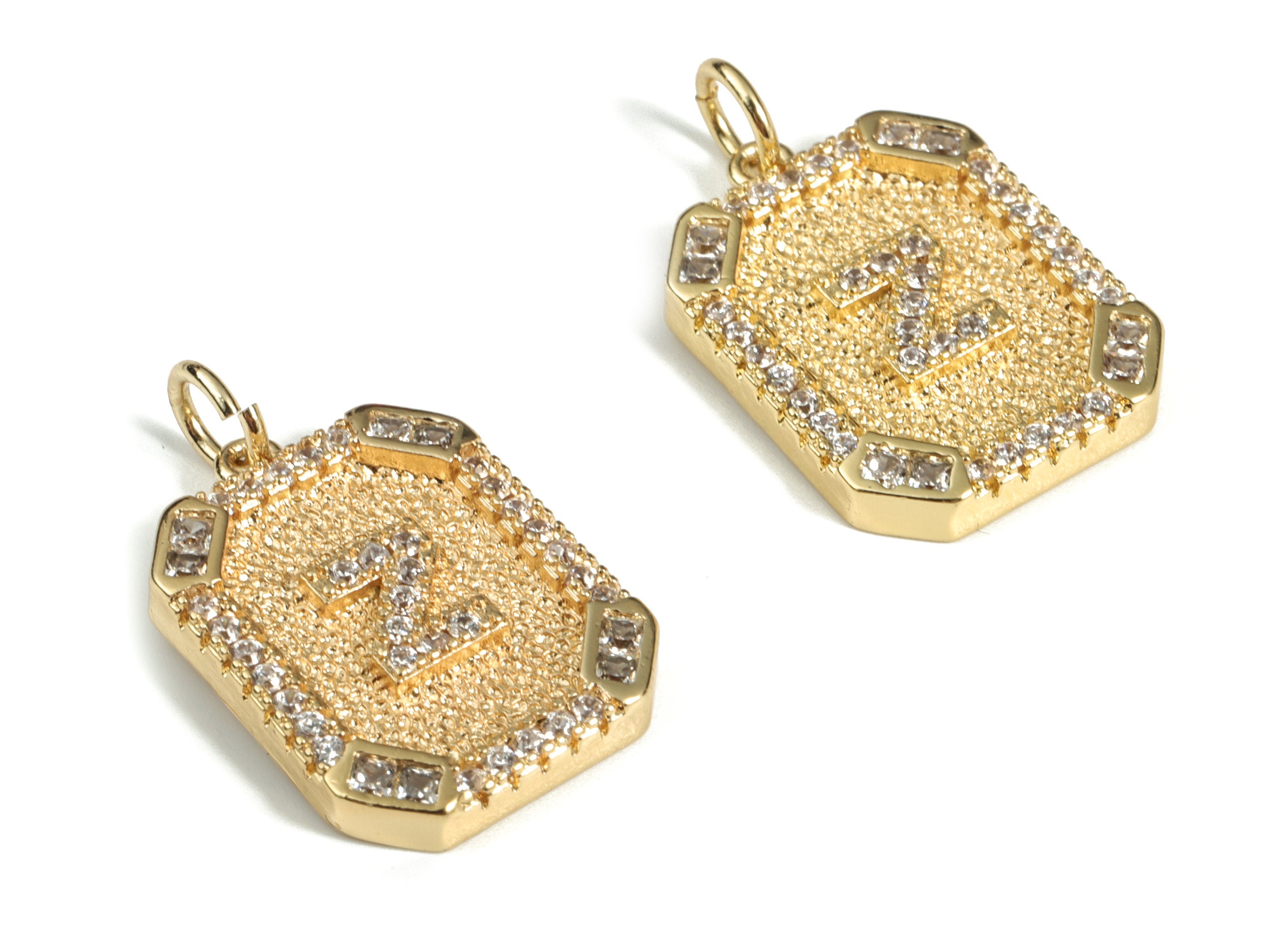 Brass Square Letter Z Earring Charm With Zircons - Initial Z Gold Square Pendant -18k Real Gold Plated Brass - 22.89x13.97x2.7mm - RGP3135Z - DOMEDBAZAAR