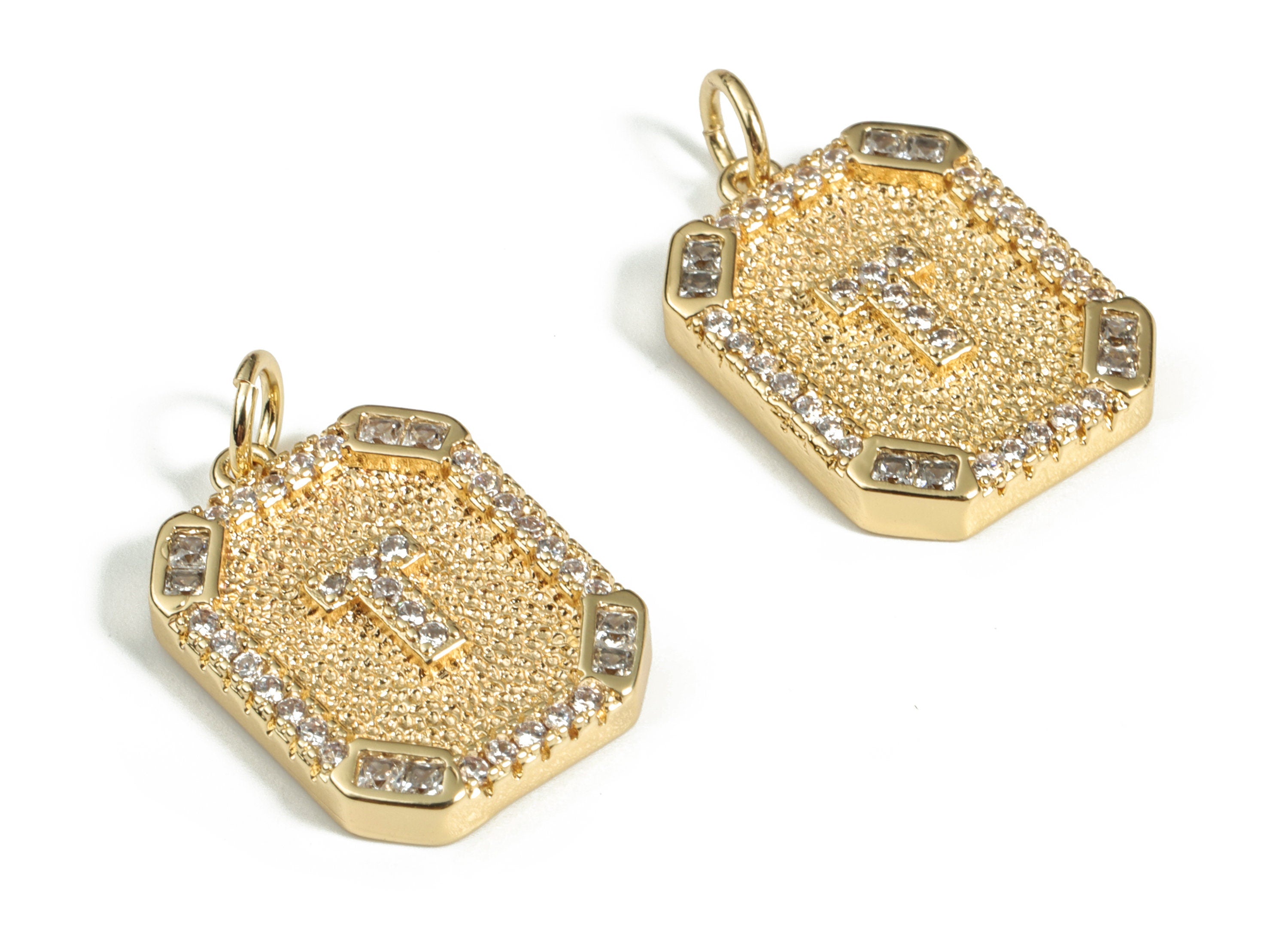 Brass Square Letter T Earring Charm With Zircons - Initial T Gold Square Pendant -18k Real Gold Plated Brass - 22.89x13.97x2.7mm - RGP3135T - DOMEDBAZAAR