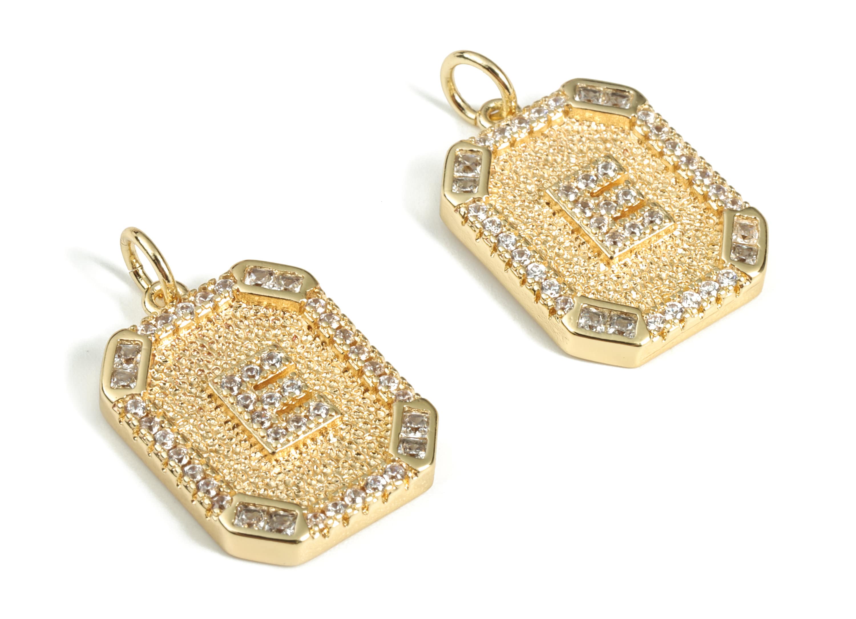 Brass Square Letter E Earring Charm With Zircons -18k Real Gold Plated Brass -Initial E-Gold Square Pendant - 22.89x13.97x2.7mm - RGP3135E - DOMEDBAZAAR