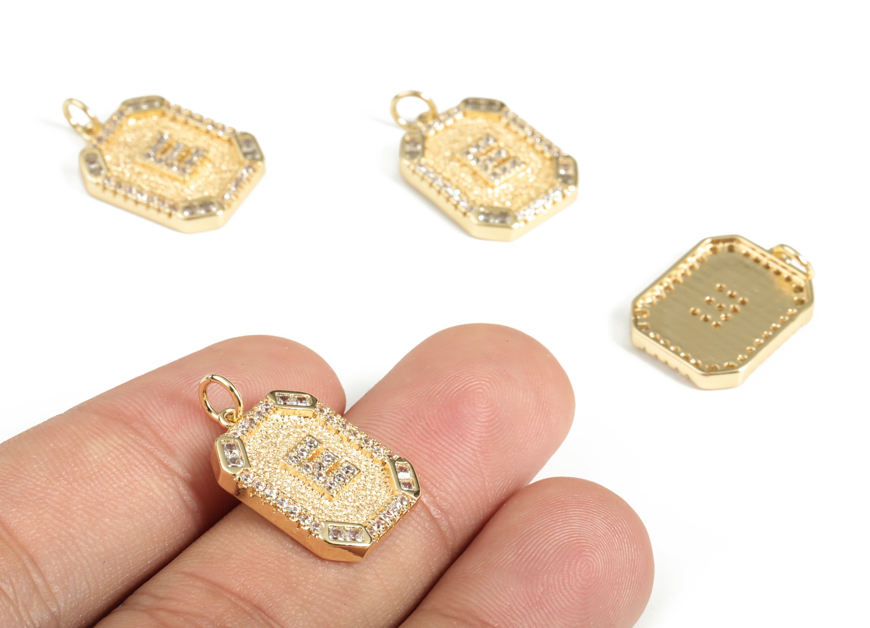 Brass Square Letter E Earring Charm With Zircons -18k Real Gold Plated Brass -Initial E-Gold Square Pendant - 22.89x13.97x2.7mm - RGP3135E - DOMEDBAZAAR