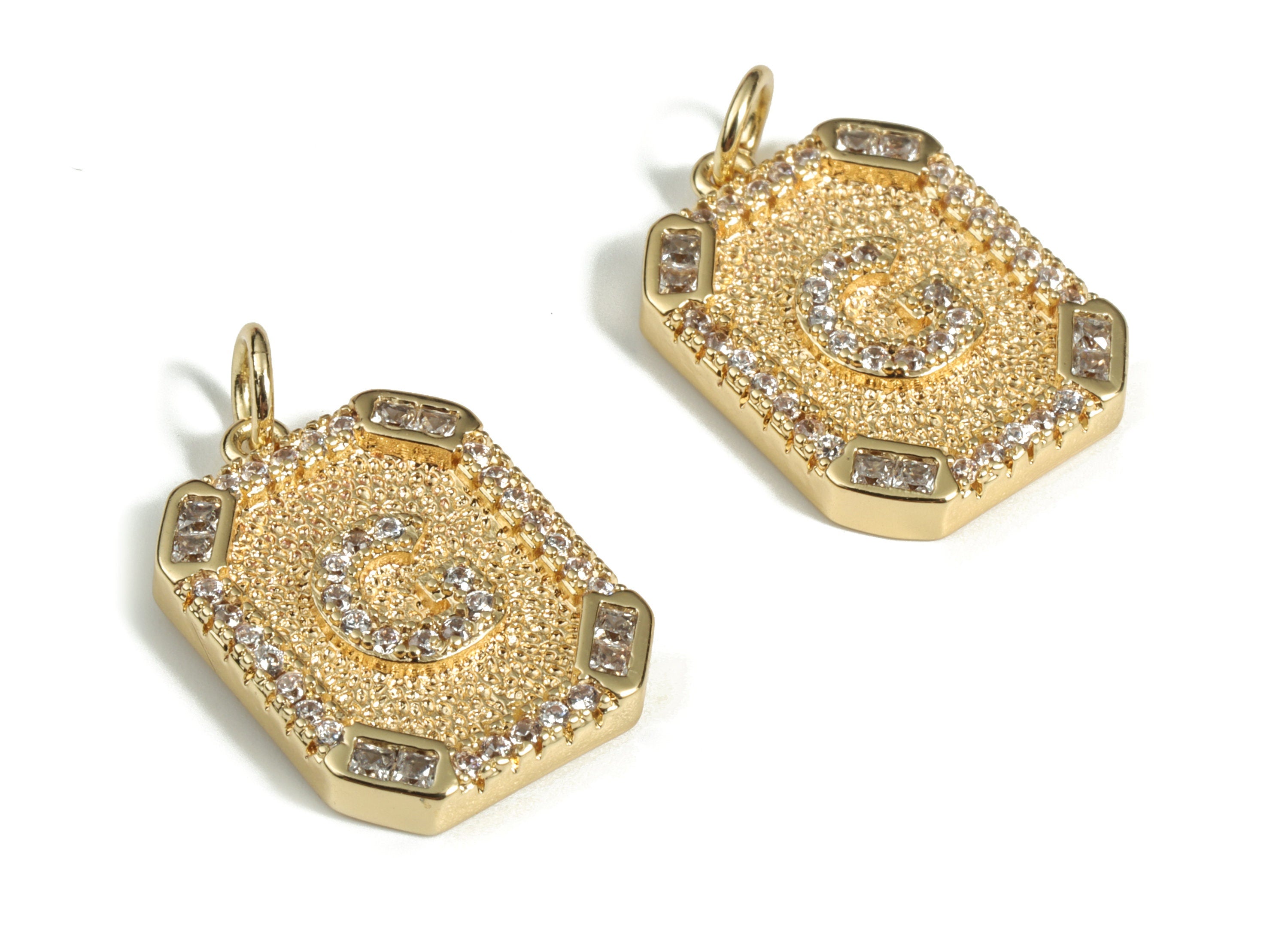 Brass Square Letter G Earring Charm With Zircons -18k Real Gold Plated Brass - Initial G Gold Square Pendant - 22.89x13.97x2.7mm - RGP3135G - DOMEDBAZAAR