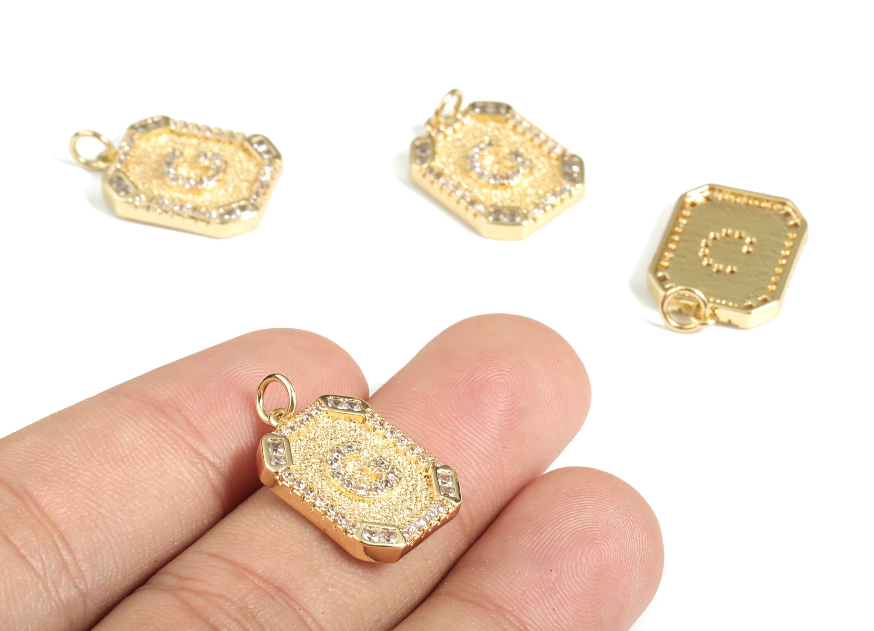 Brass Square Letter G Earring Charm With Zircons -18k Real Gold Plated Brass - Initial G Gold Square Pendant - 22.89x13.97x2.7mm - RGP3135G - DOMEDBAZAAR